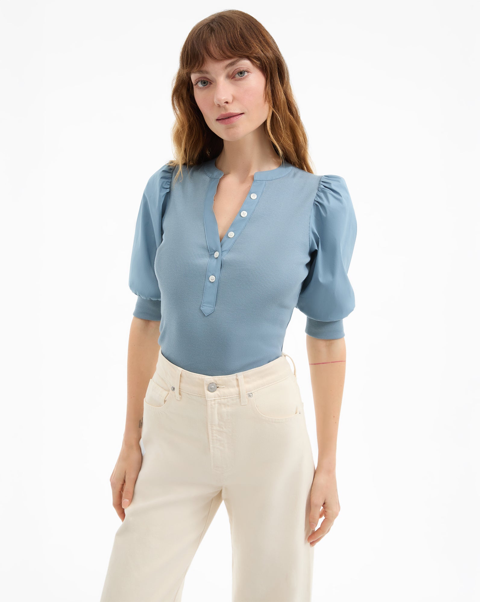 Coralee Puff-Sleeve Tee in Light Blue Lake Mist | Veronica Beard