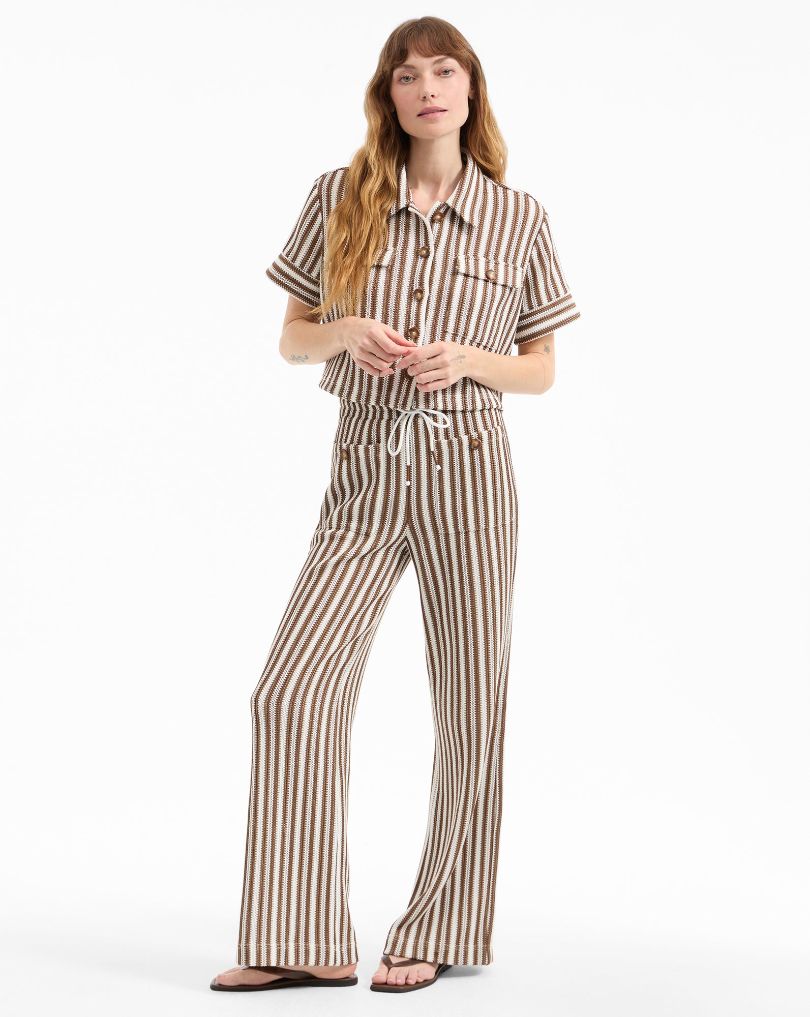 Zosia Knit Pant in White & Brown Stripes | Veronica Beard