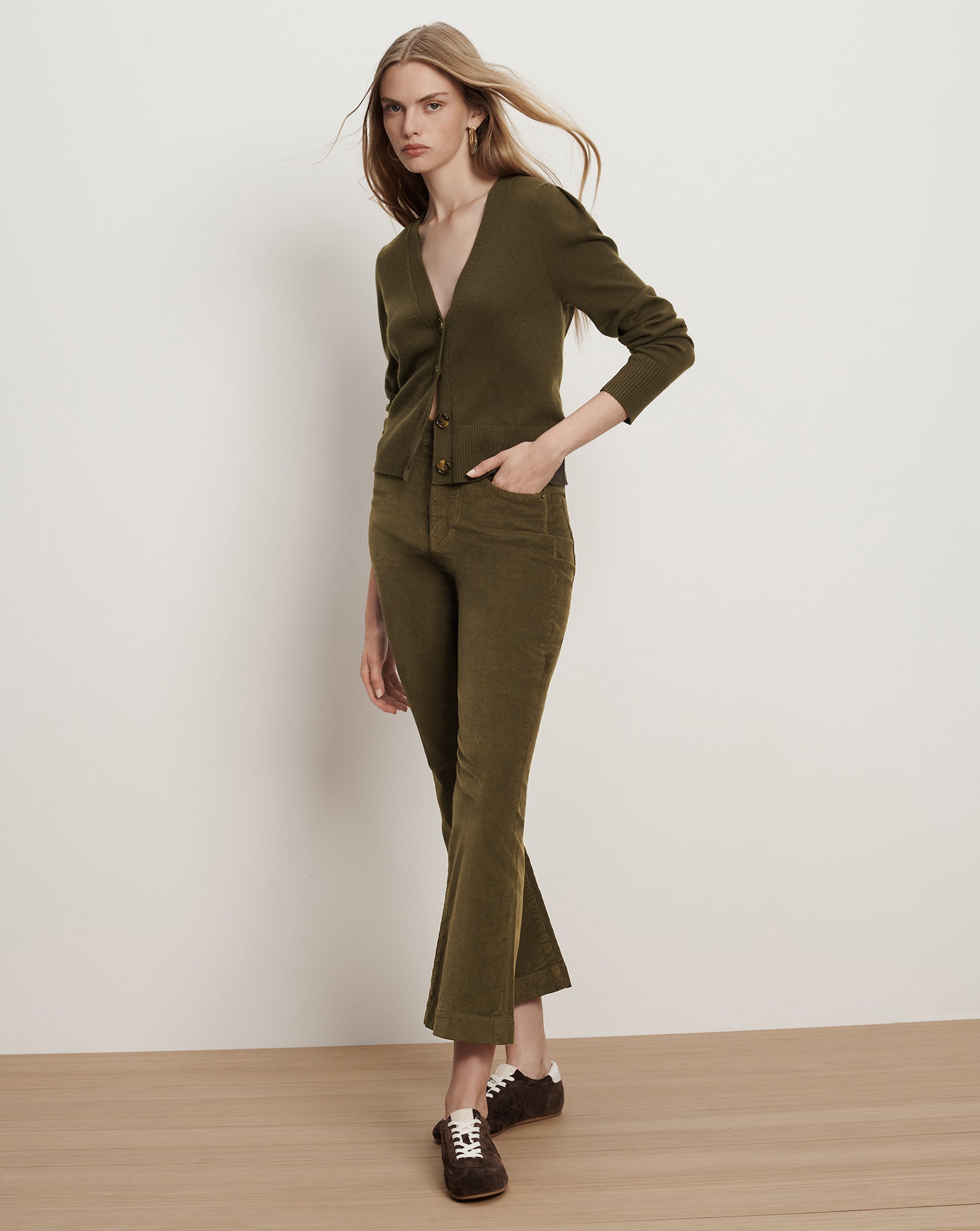 Carson Corduroy Kick-Flare Pant in Olive Green Cypress | Veronica