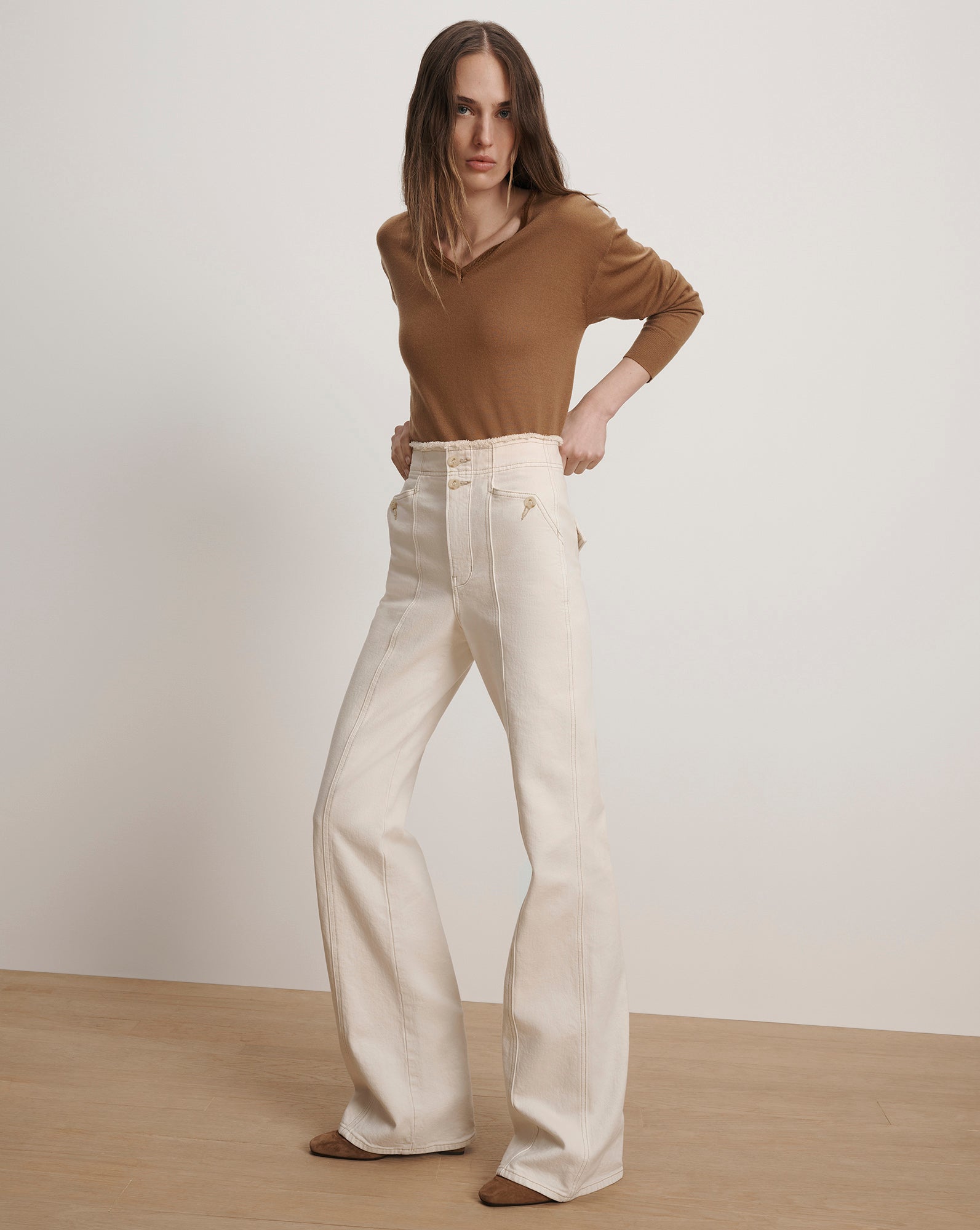 Crosbie Raw-Edge Waist Slim Wide-Leg Jean in Ecru | Veronica Beard