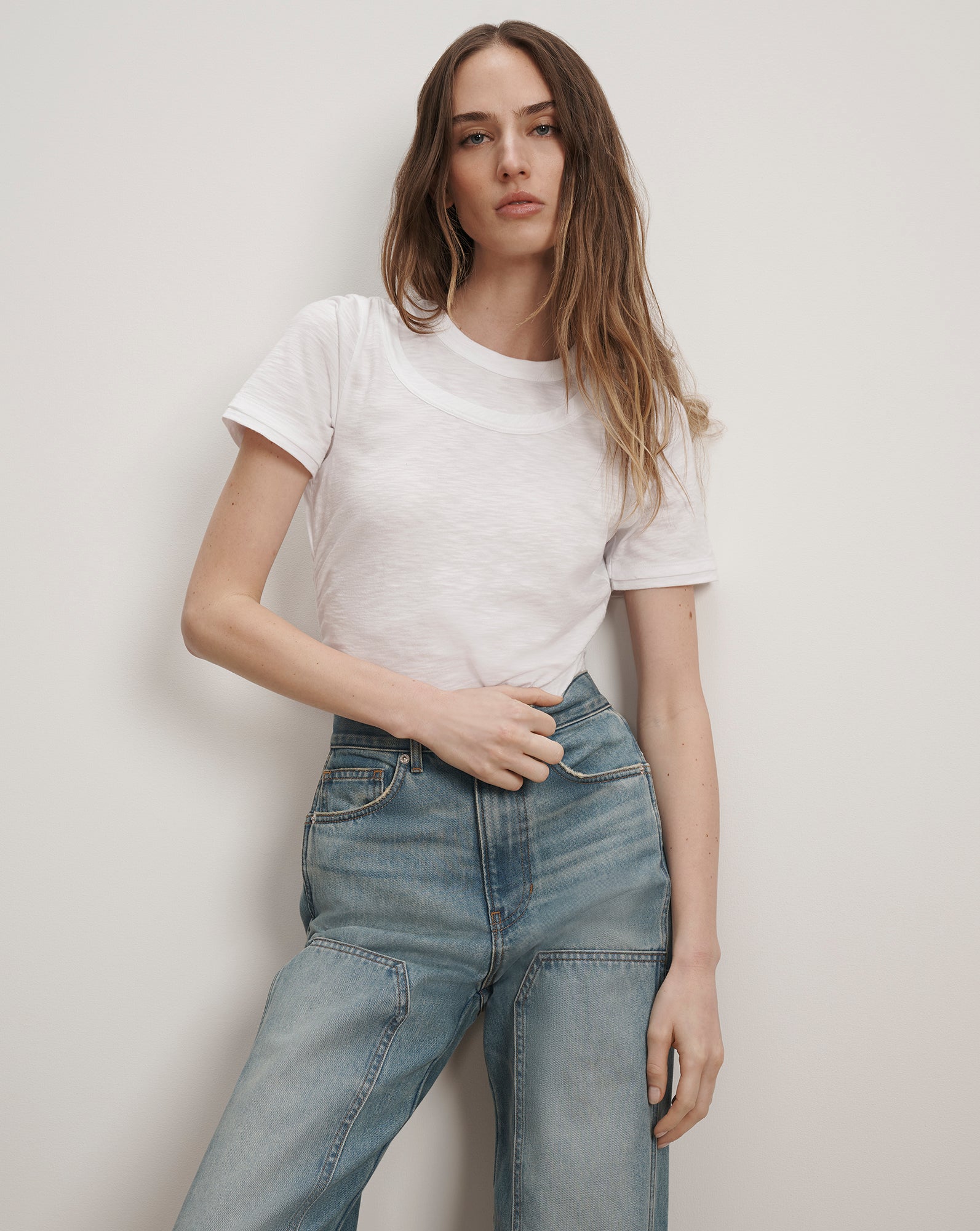 Damian Double-Collar T-Shirt in White | Veronica Beard