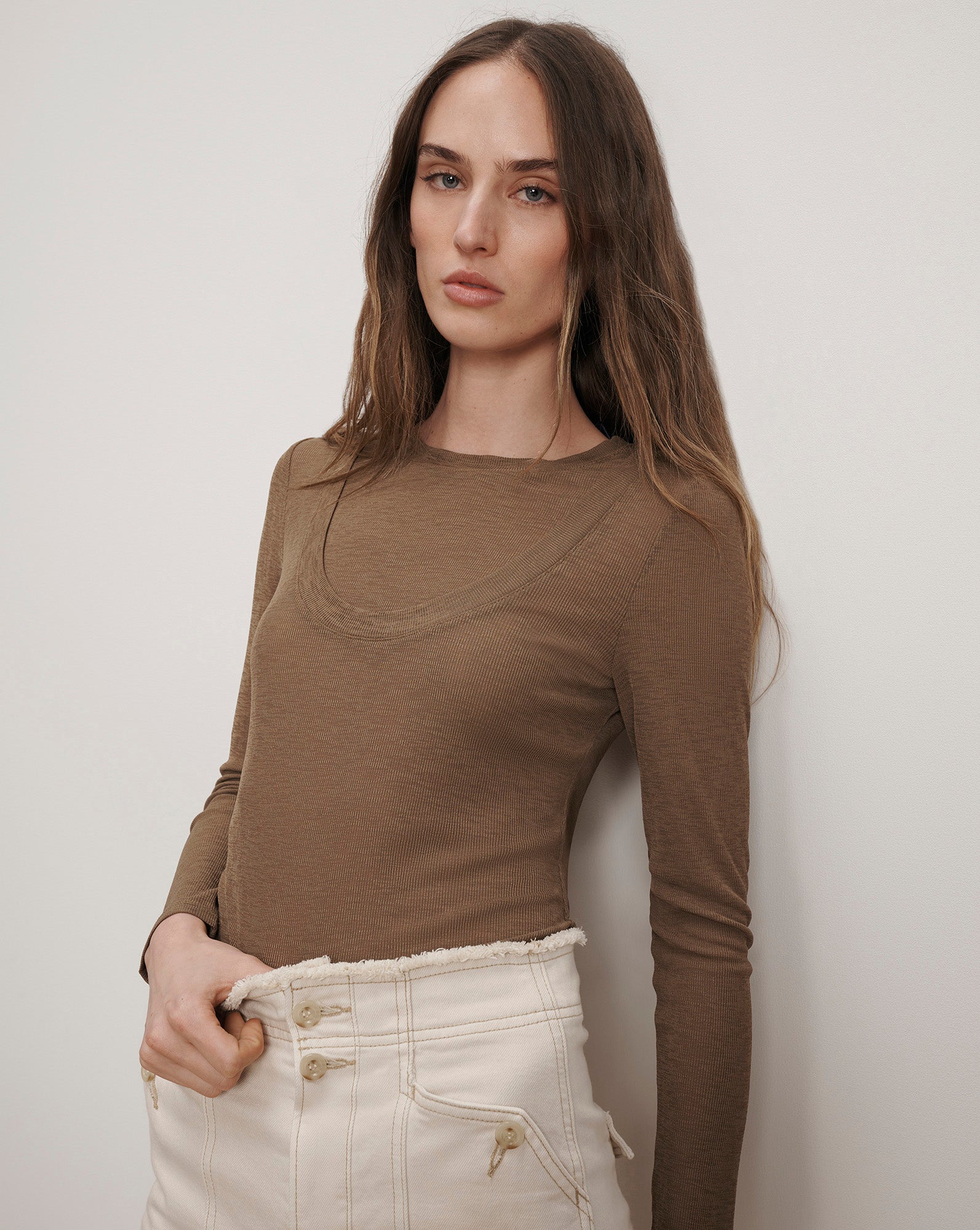 Neita Ribbed Crewneck Top in Khaki | Veronica Beard