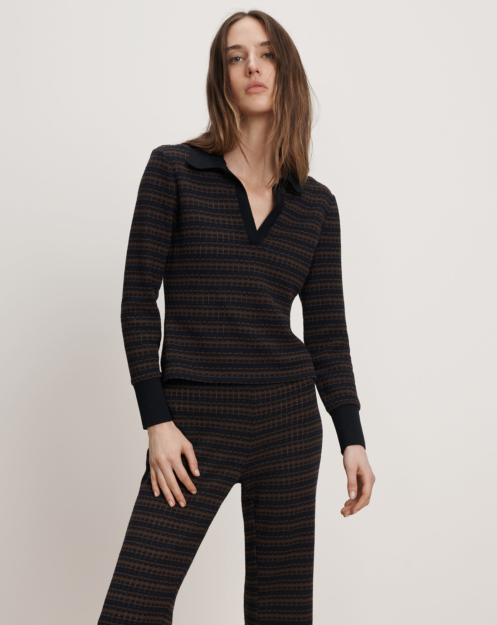 Kamal Knit Polo in Blue & Brown Stripes Navy/Dark Umber Multi