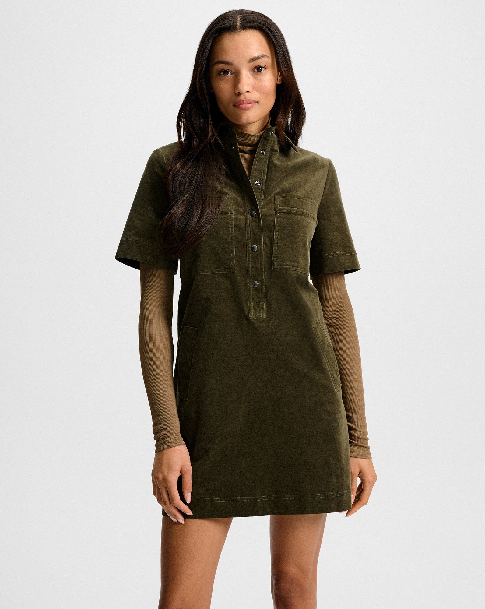 Koulis Mini Shirtdress in Green Corduroy Cypress | Veronica Beard Koulis Mini Shirtdress in Green Corduroy Cypress | Veronica Beard