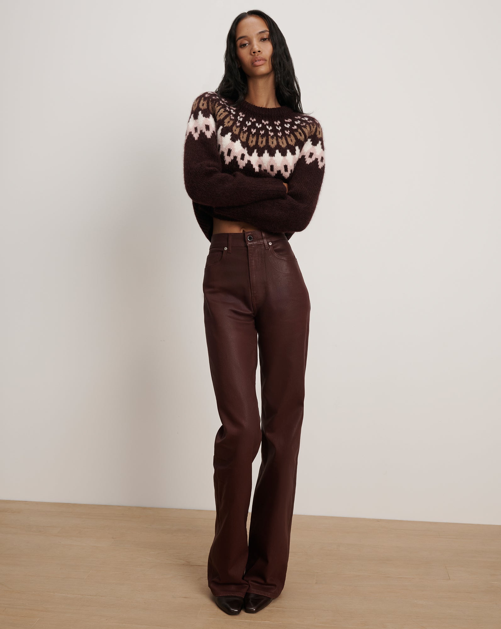 Crosbie Coated Slim Wide-Leg Jean in Burgundy Raisin | Veronica Beard