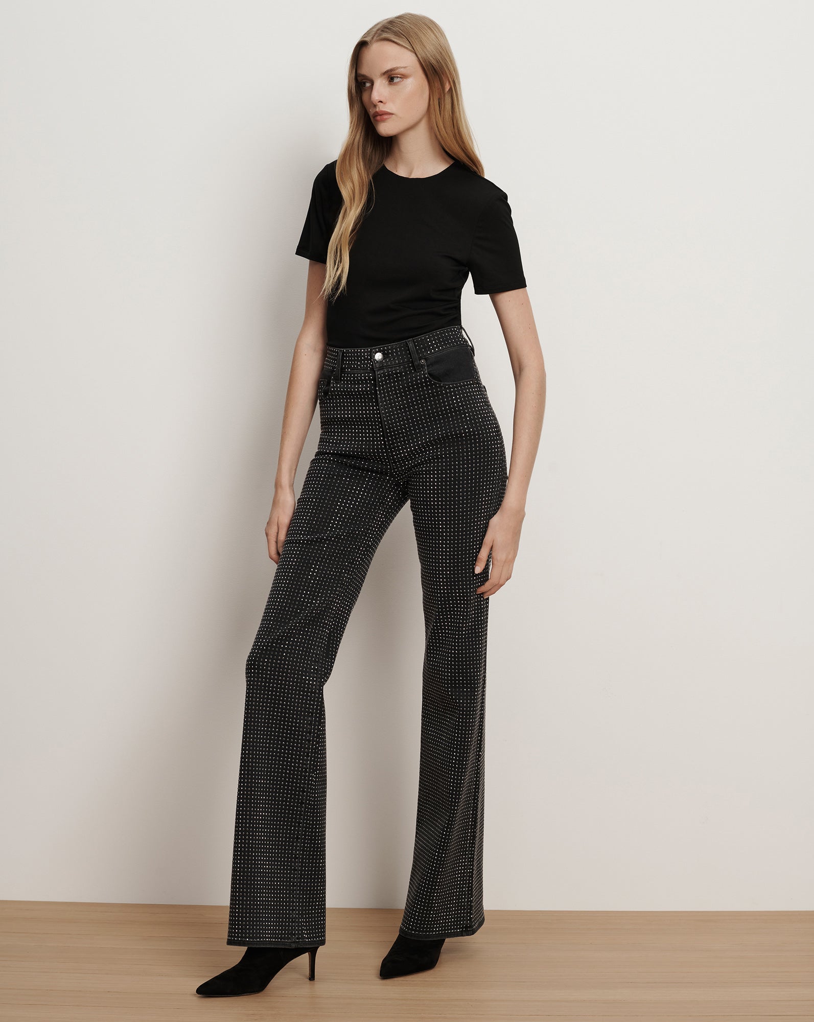 Crosbie Rhinestone Slim Wide-Leg Jean in Black Washed Onyx | Veronica Beard