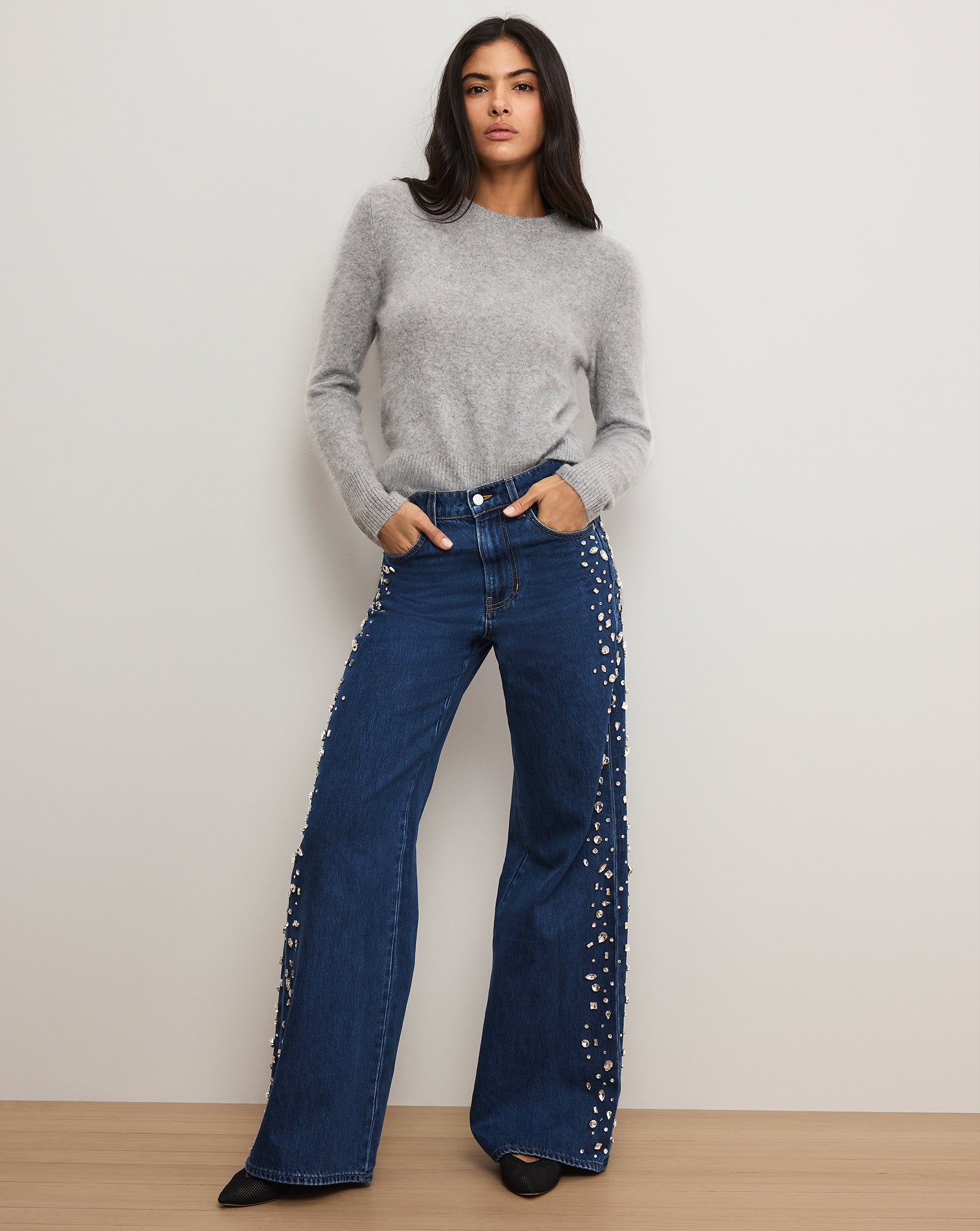 Kasey Embellished Wide-Leg Jean in Stoned Bright Blue | Veronica Beard