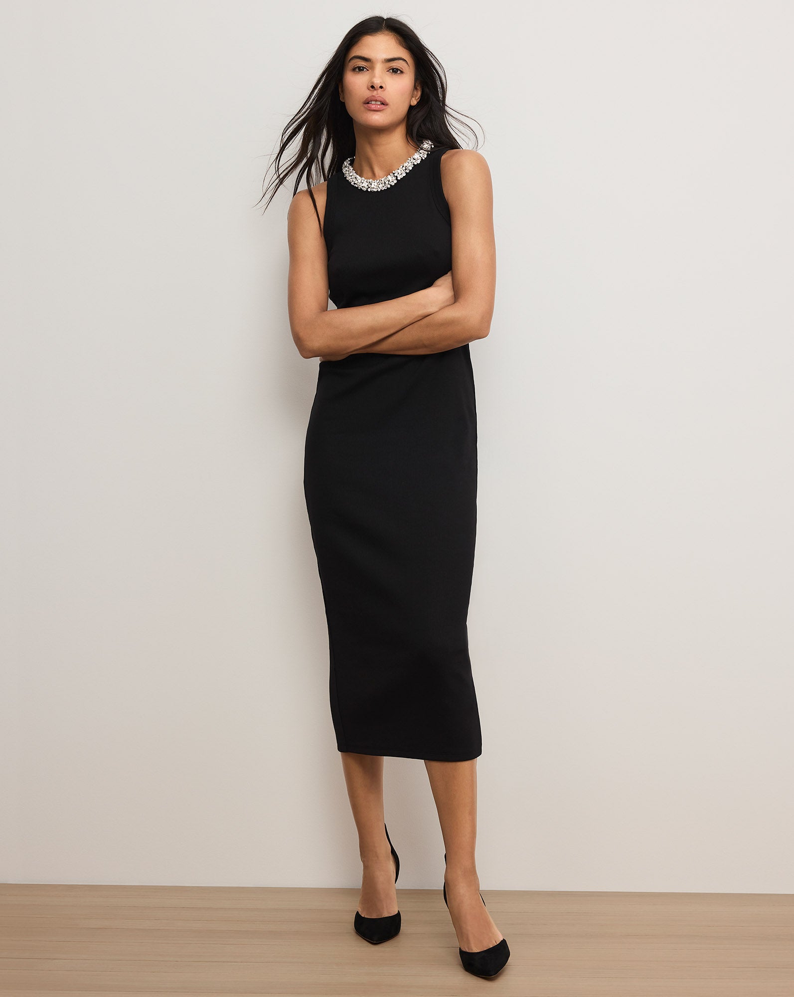knee length dresses for ladies Jordyn Embellished-Collar Midi Dress in Black