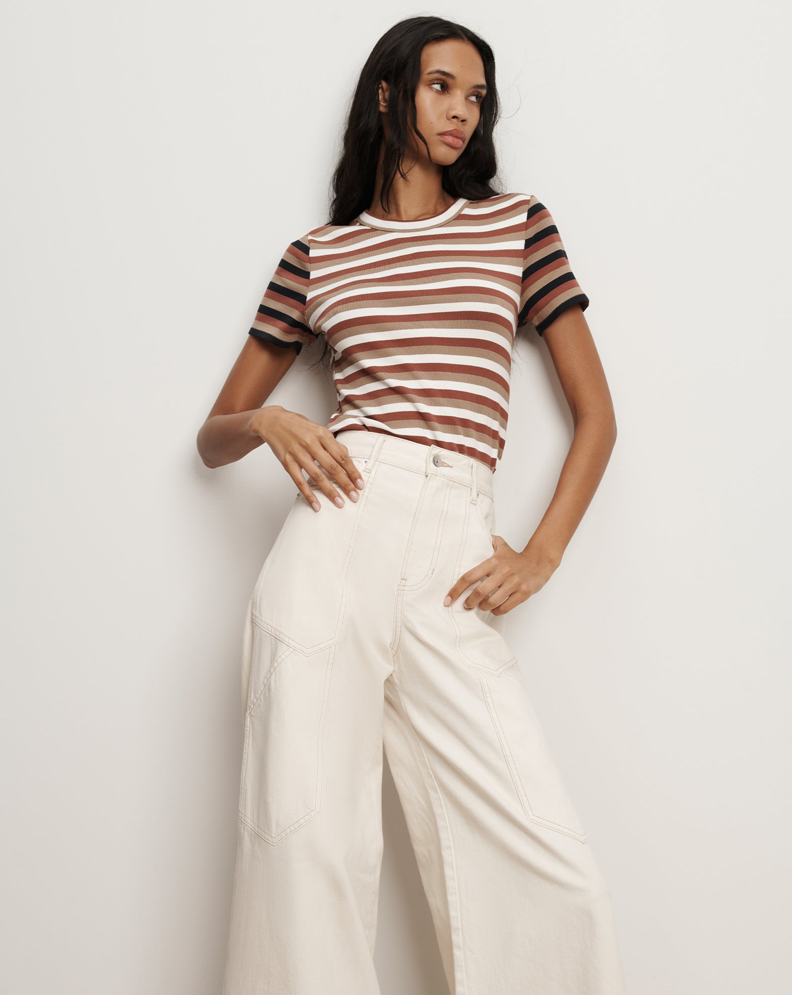 Pruitt Striped Ribbed T-Shirt in Beige & Red Malt/Red Oak/Dove