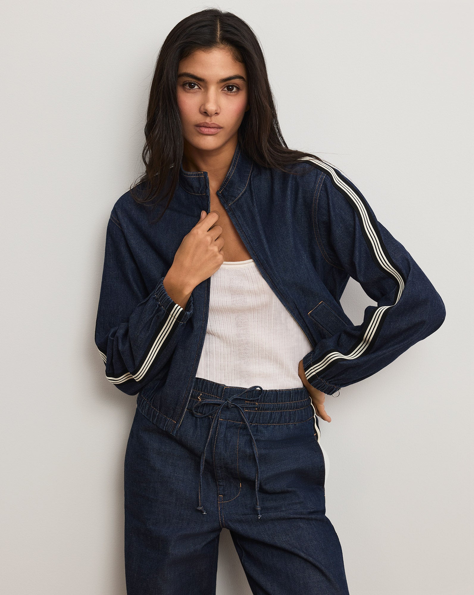 Gigi Denim Track Jacket in Indigo Rinse | Veronica Beard
