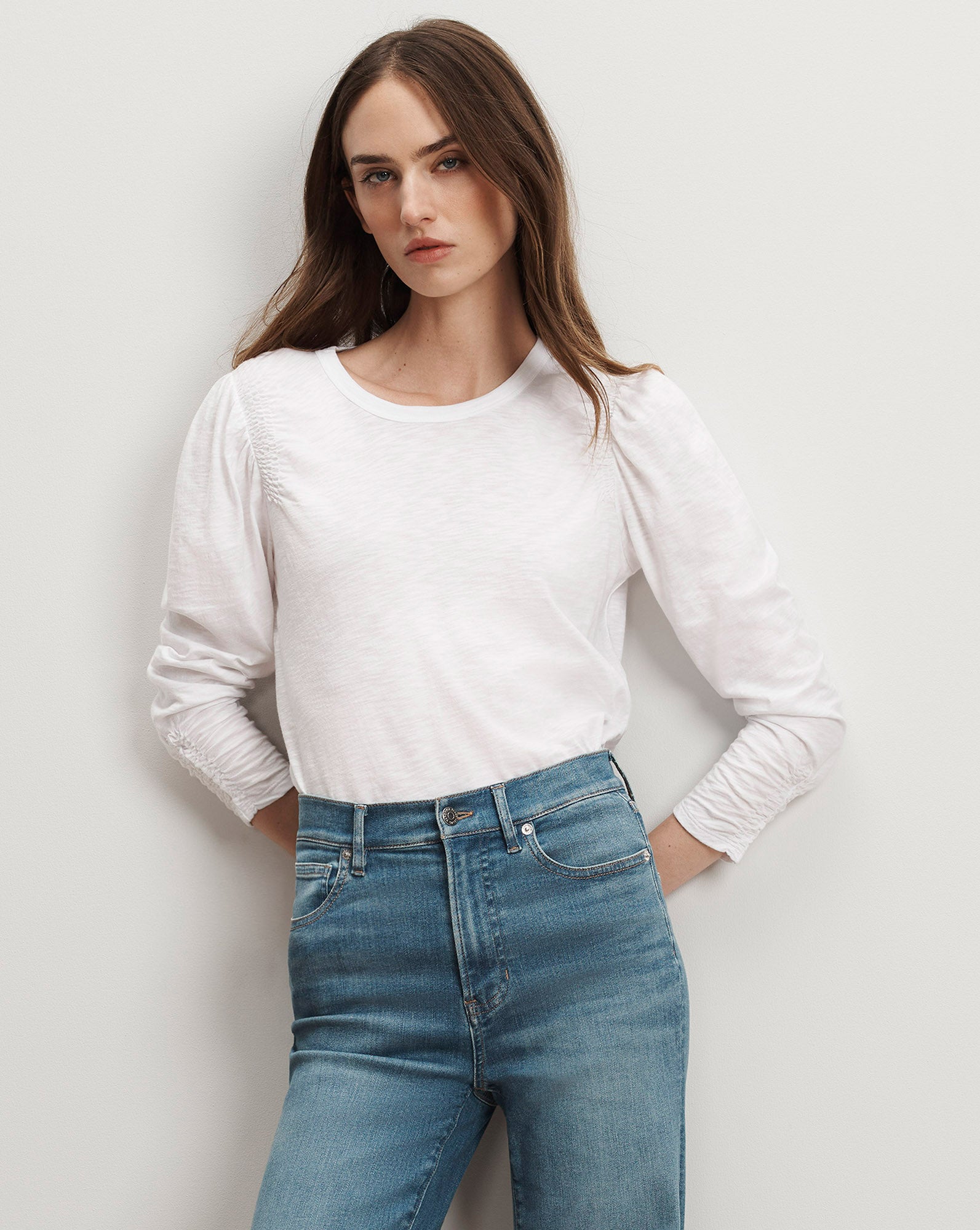Bouvet Smocked-Shoulder Long-Sleeve T-Shirt in White | Veronica Beard