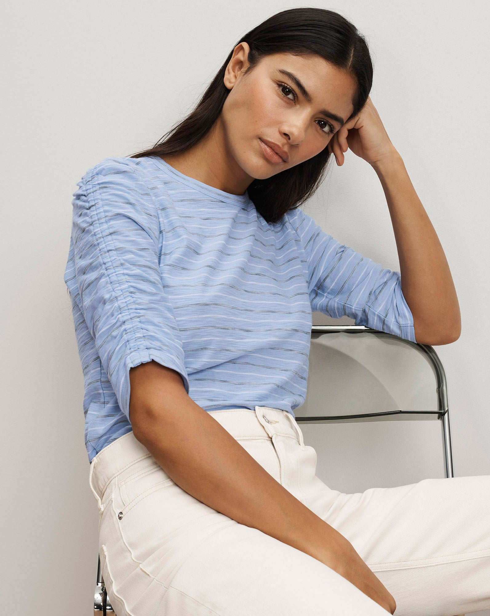 Waldorf Ruched-Sleeve T-Shirt in Striped Ice Blue Multi | Veronica