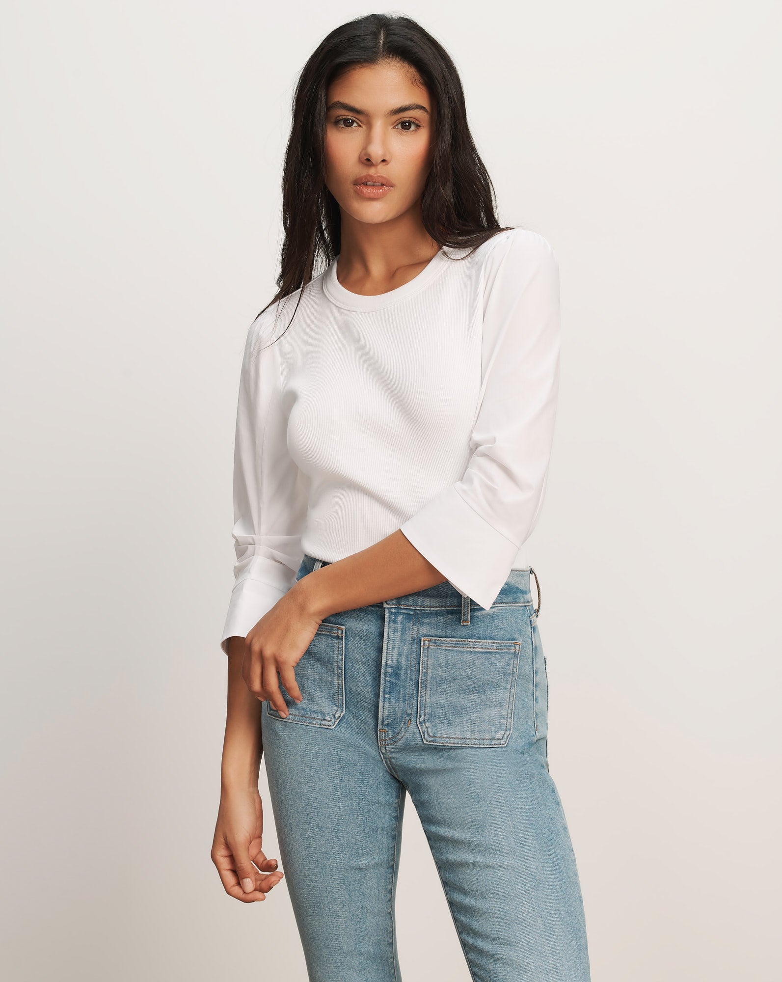 Junia Mixed-Media T-Shirt in White | Veronica Beard