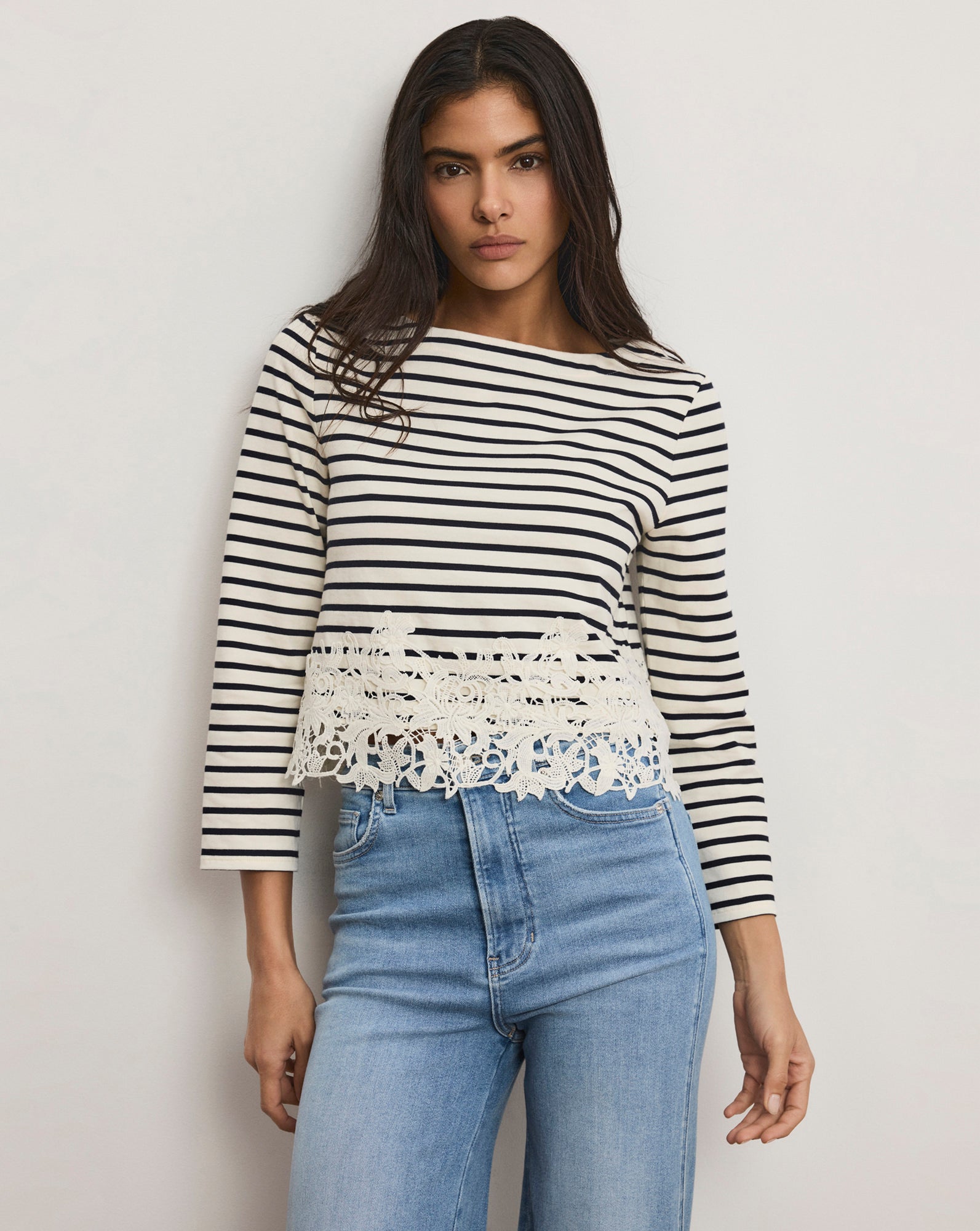 Hovey Striped Lace T-Shirt in White & Navy Stripe | Veronica Beard