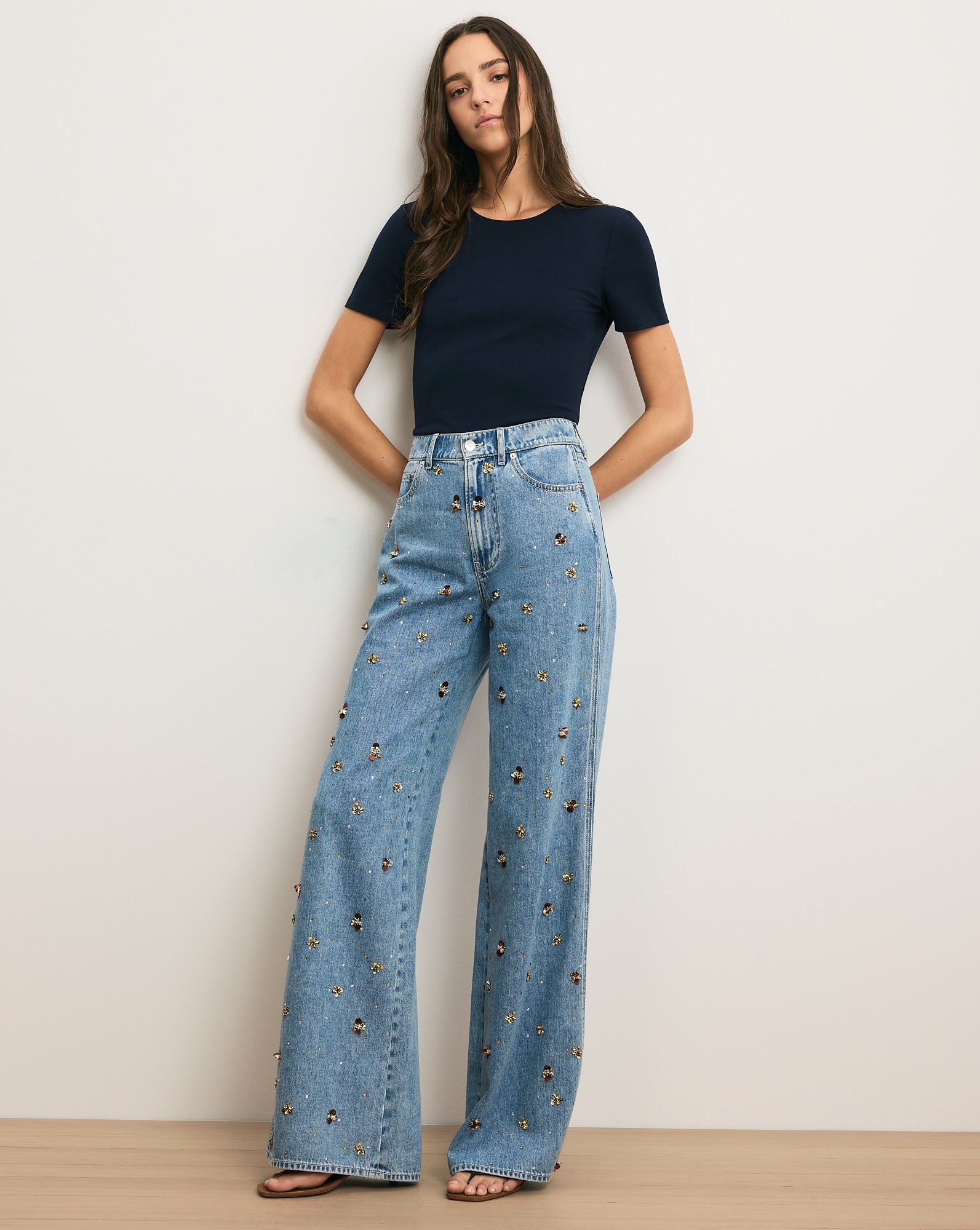 Kasey Embellished Wide-Leg Jean in Light Wash Denim Silver Dust