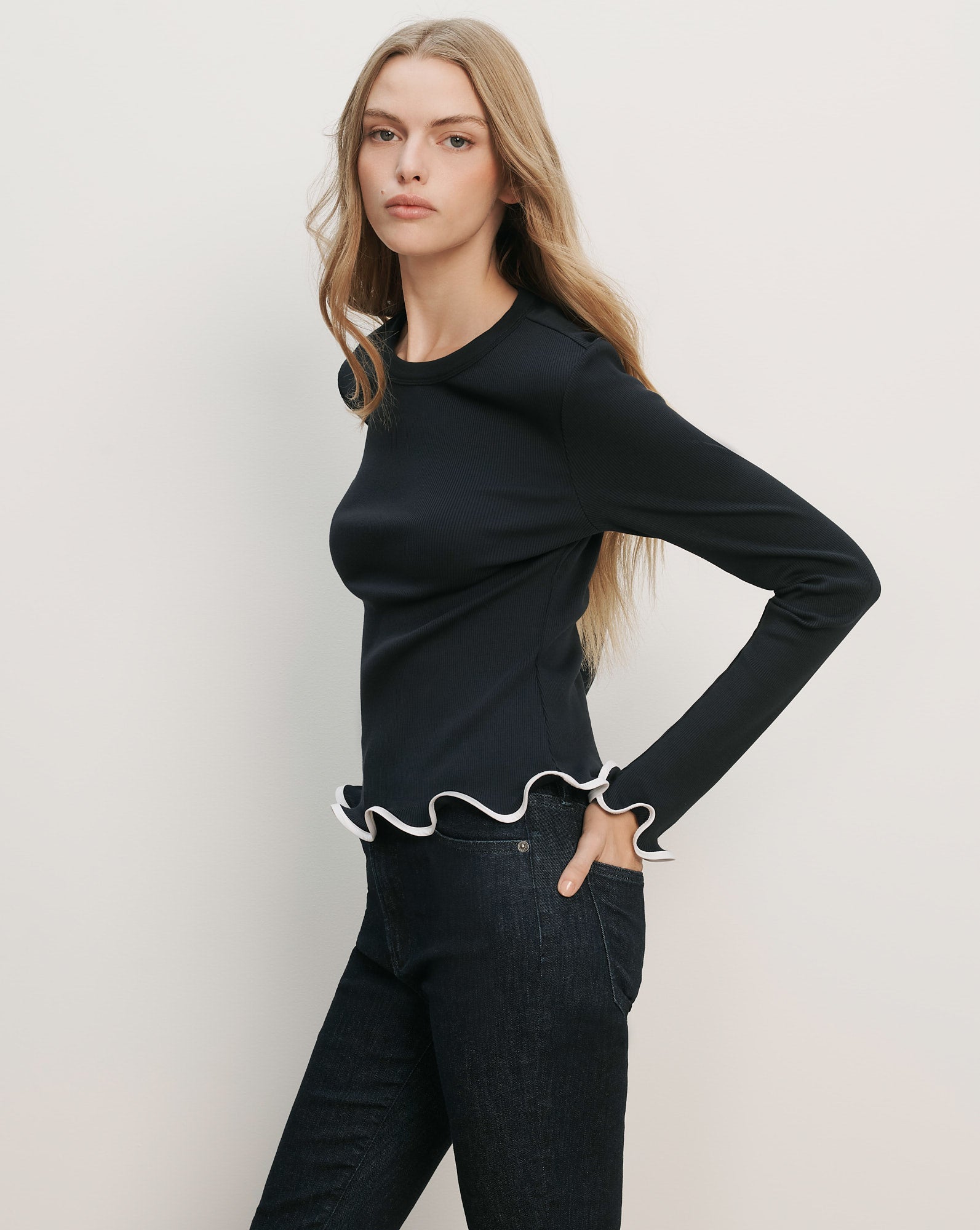 Elianne Ruffle-Trim T-Shirt in Navy/White | Veronica Beard