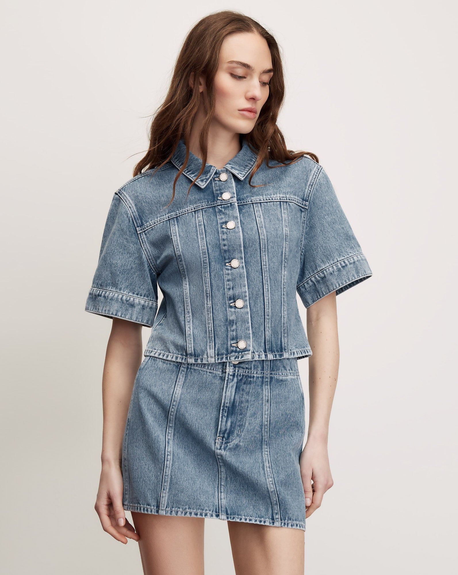 Malcom Cropped Denim Jacket in Medium Wash Silver Dust | Veronica