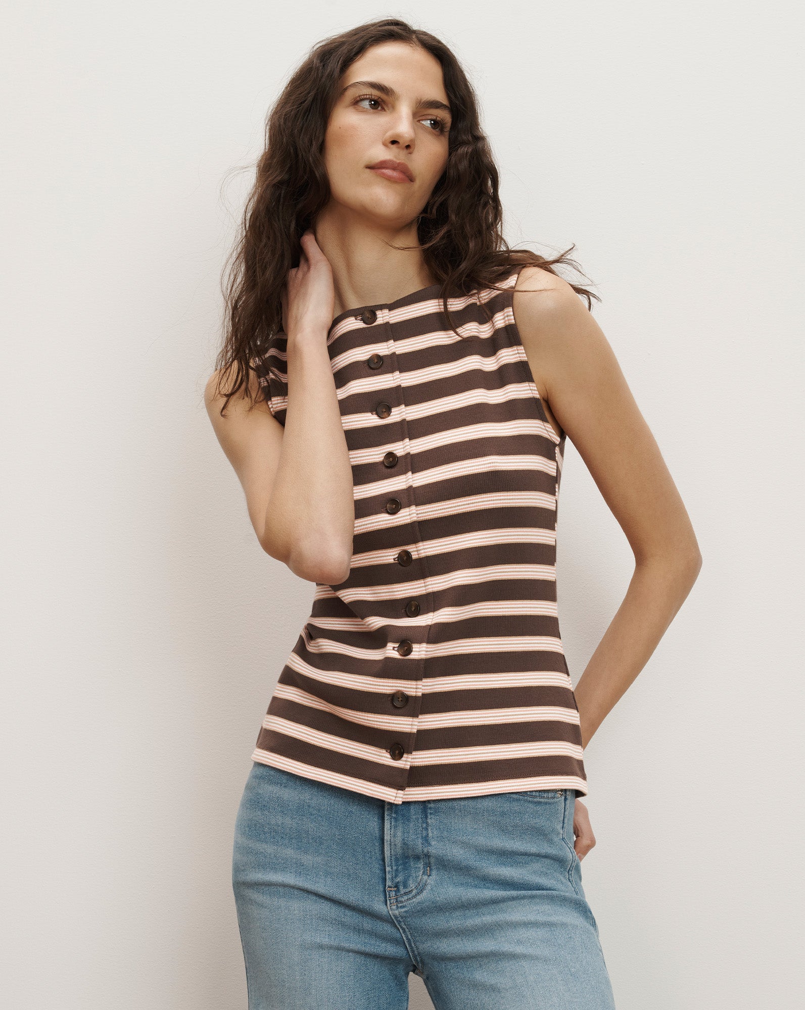 Uma Ribbed Vest in Brown Stripe | Veronica Beard