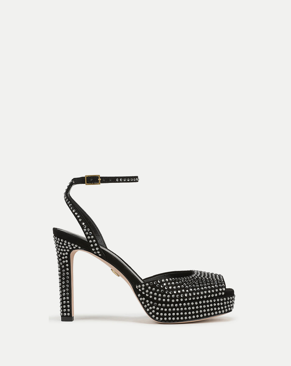 Brianne Crystal Platform Heel Sandal in Black | Veronica Beard