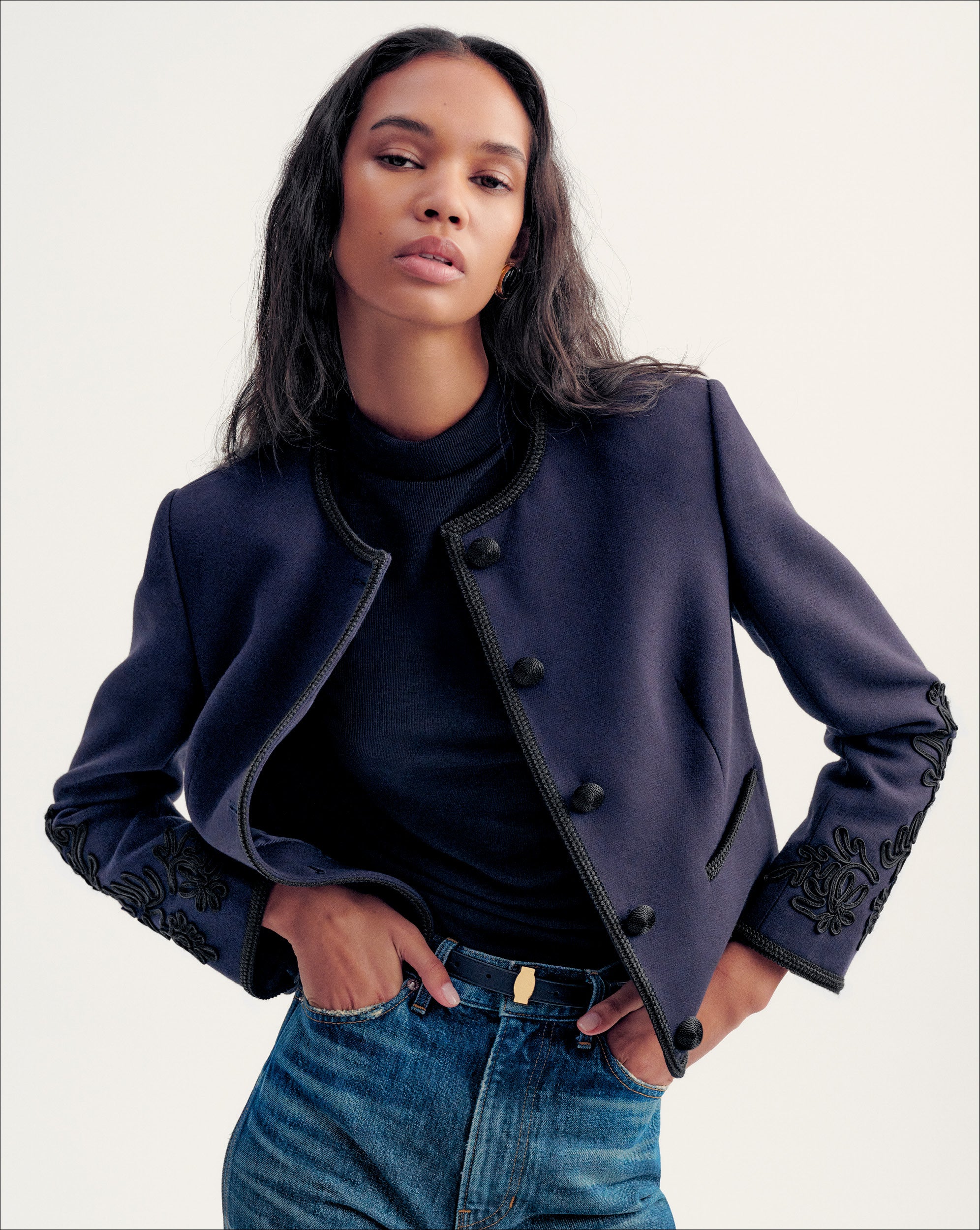 Latrell Embroidered Jacket in Navy | Veronica Beard