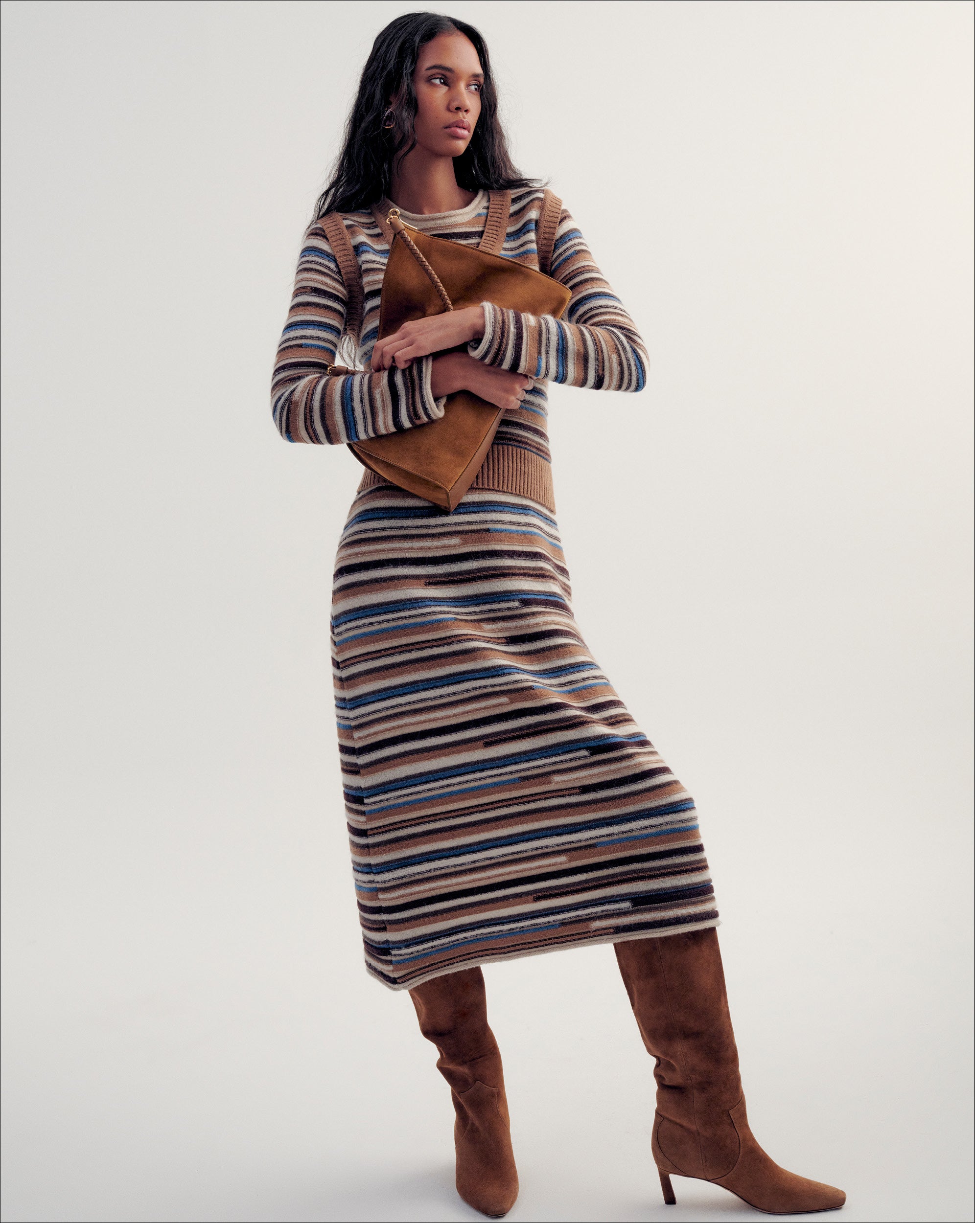 Sanders Knit Maxi Dress in Brown, Blue & White Stripes Dark Acorn