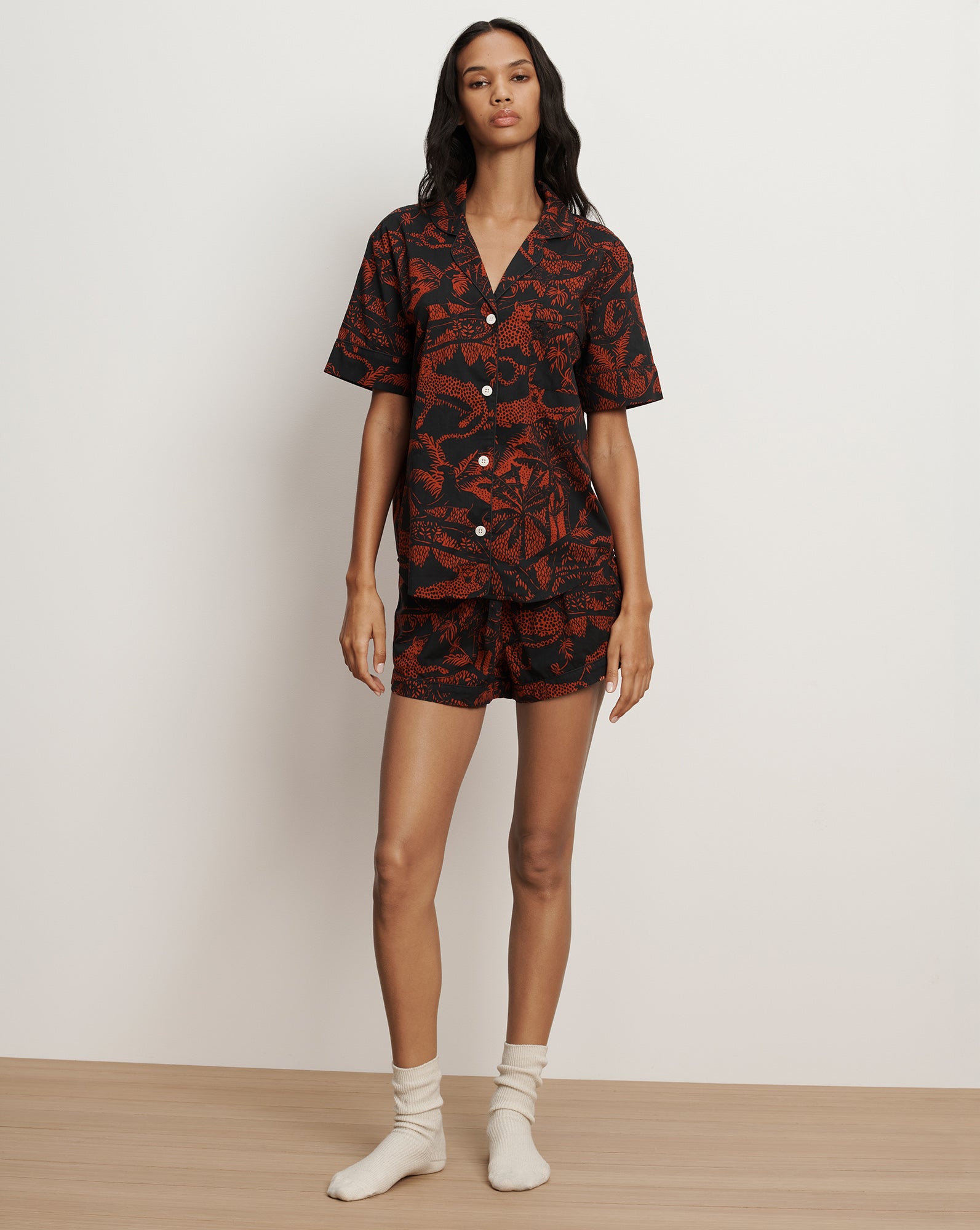 Short-Sleeve Cotton Pajama Set in Black/Red | Veronica Beard