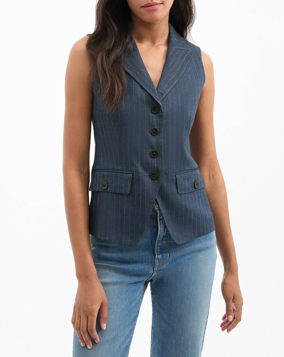 Benny Pinstripe Tailored Vest in Navy | Veronica Beard