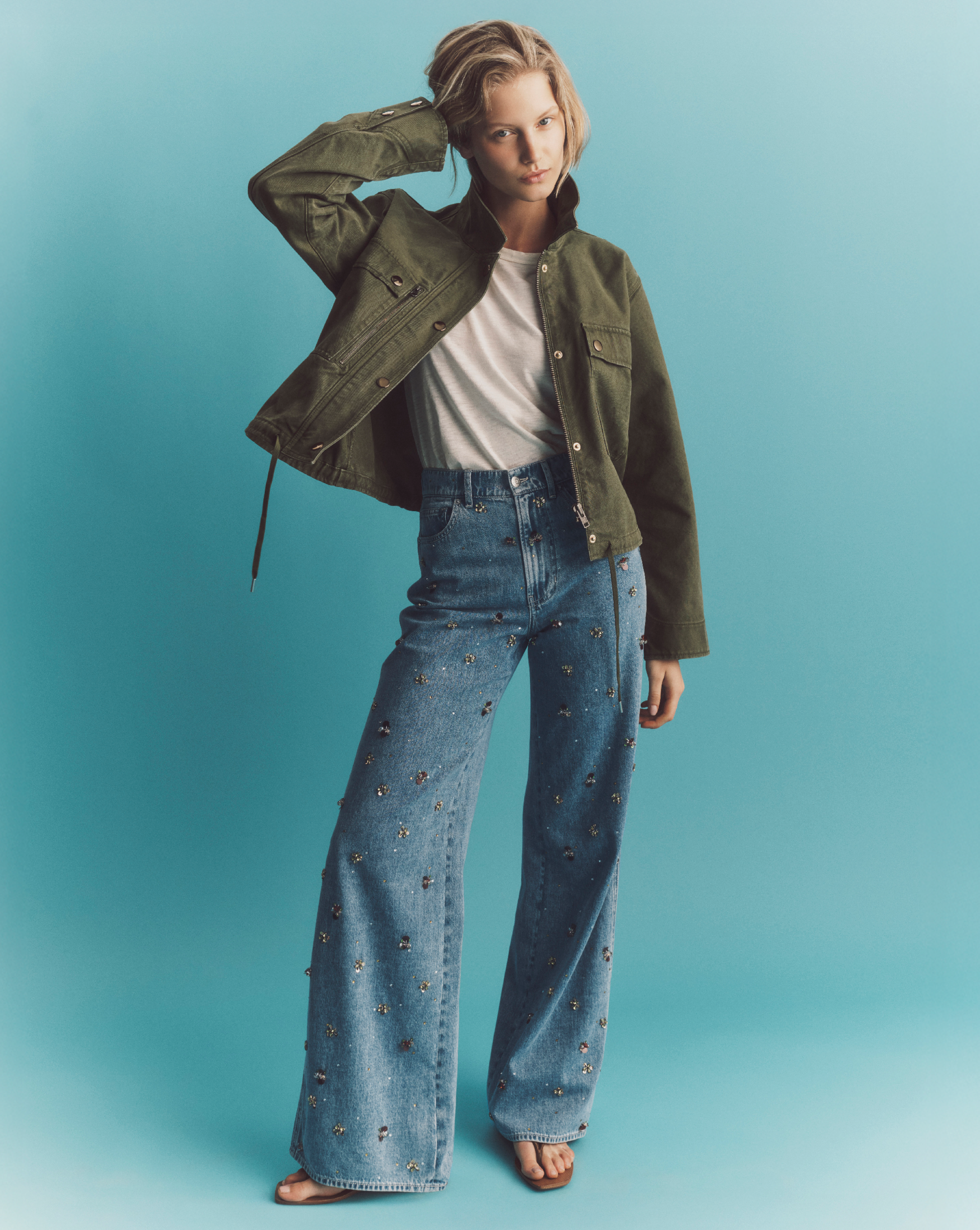 Kasey Embellished Wide-Leg Jean in Light Wash Denim Silver Dust Kasey Embellished Wide-Leg Jean in Light Wash Denim Silver Dust