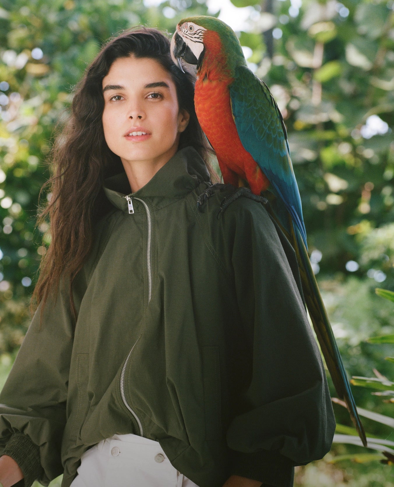 Veronica Beard Olive green windbreaker jacket with a high collar, front zipper, and elasticized cuffs.