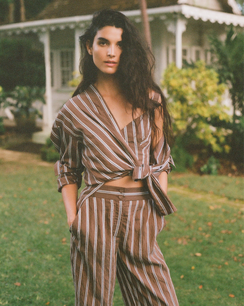 Veronica Beard Brown and white striped linen crop top with a sweetheart neckline and matching brown linen shorts.