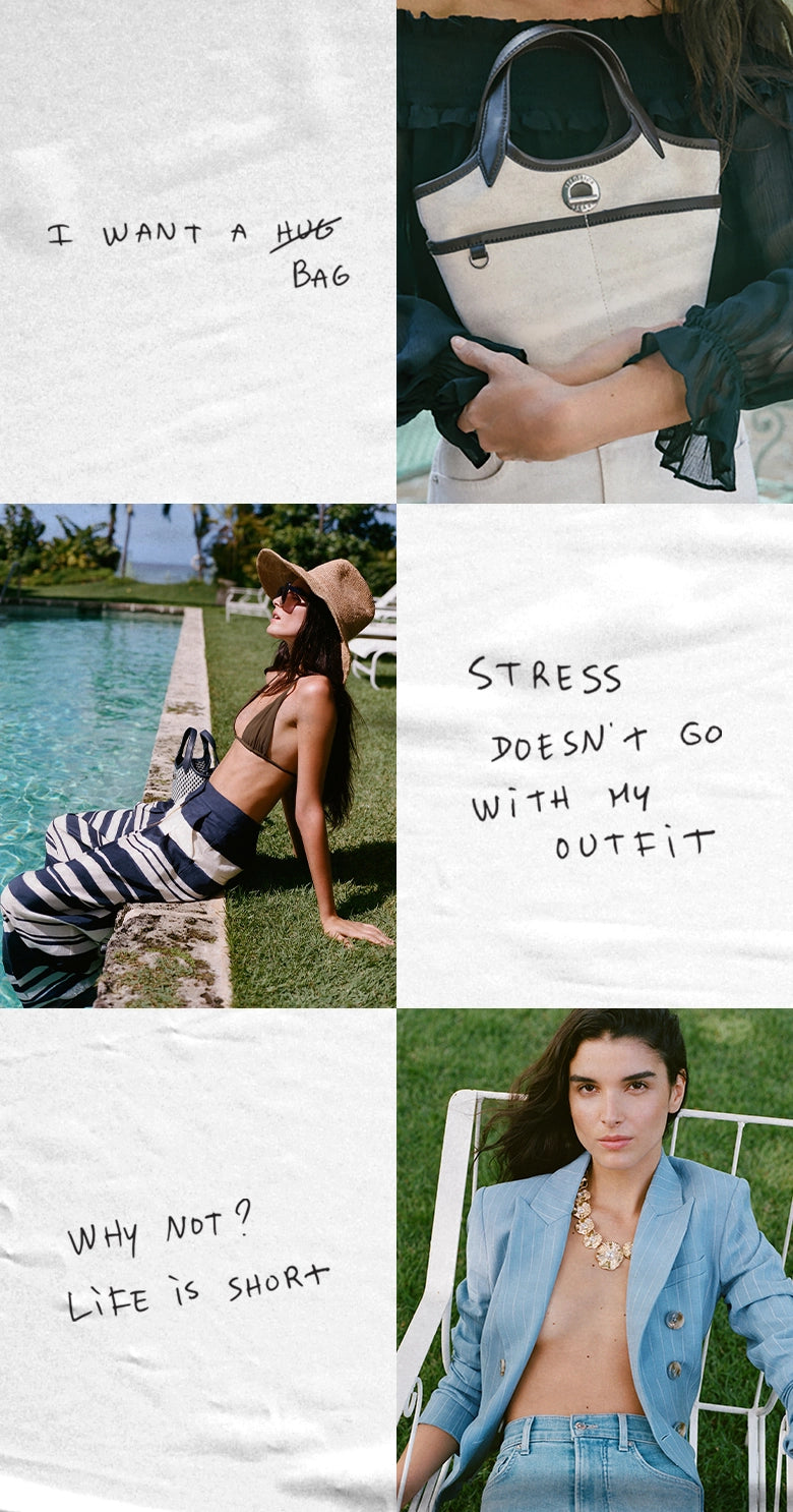 The image contains several panels, including a person holding a sign that says "I want a hug bag", a person sitting on a dock, a person holding a sign that says "Stress doesn't go with my outfit", and a person wearing a blue jacket.