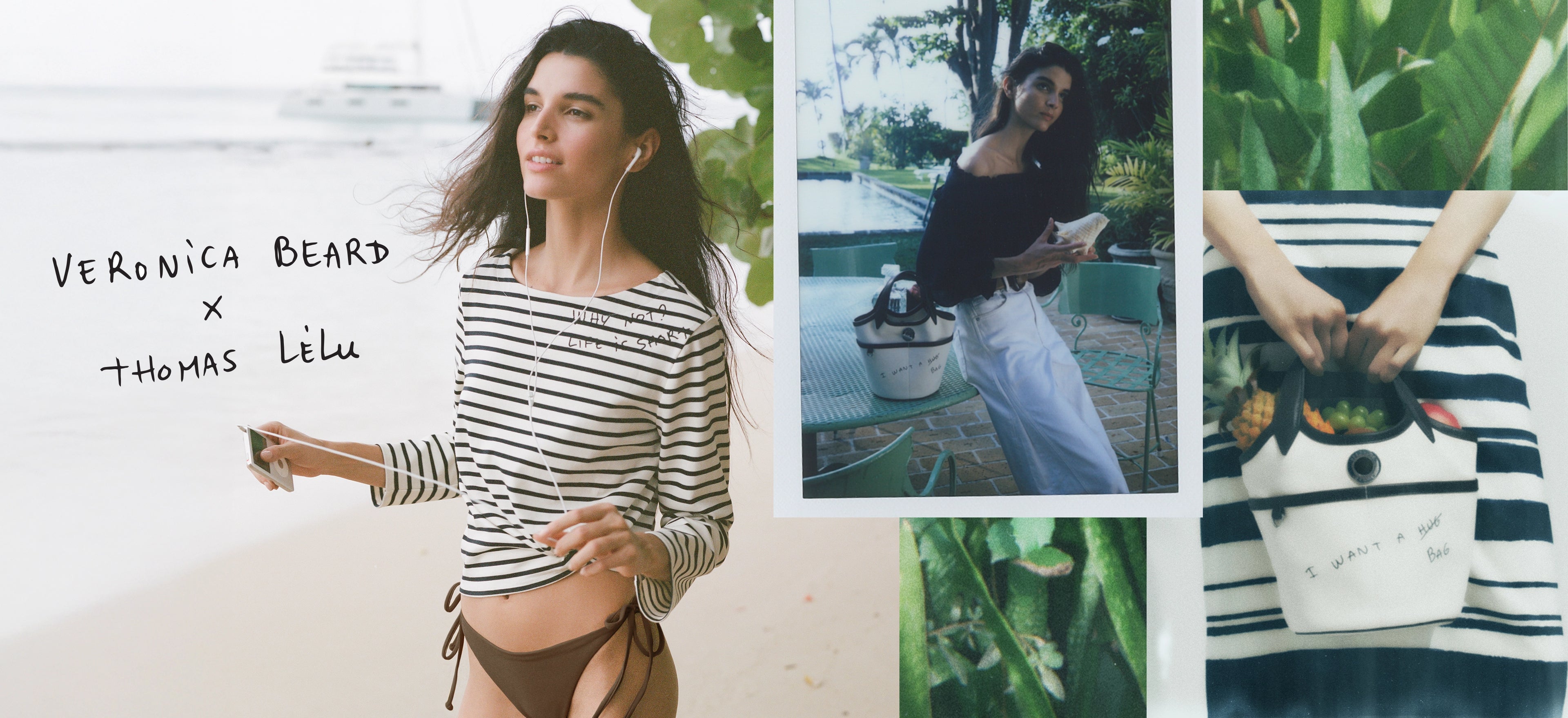 The image shows a young woman wearing a striped shirt and holding a sign, with additional images of the same woman in various settings in the background.