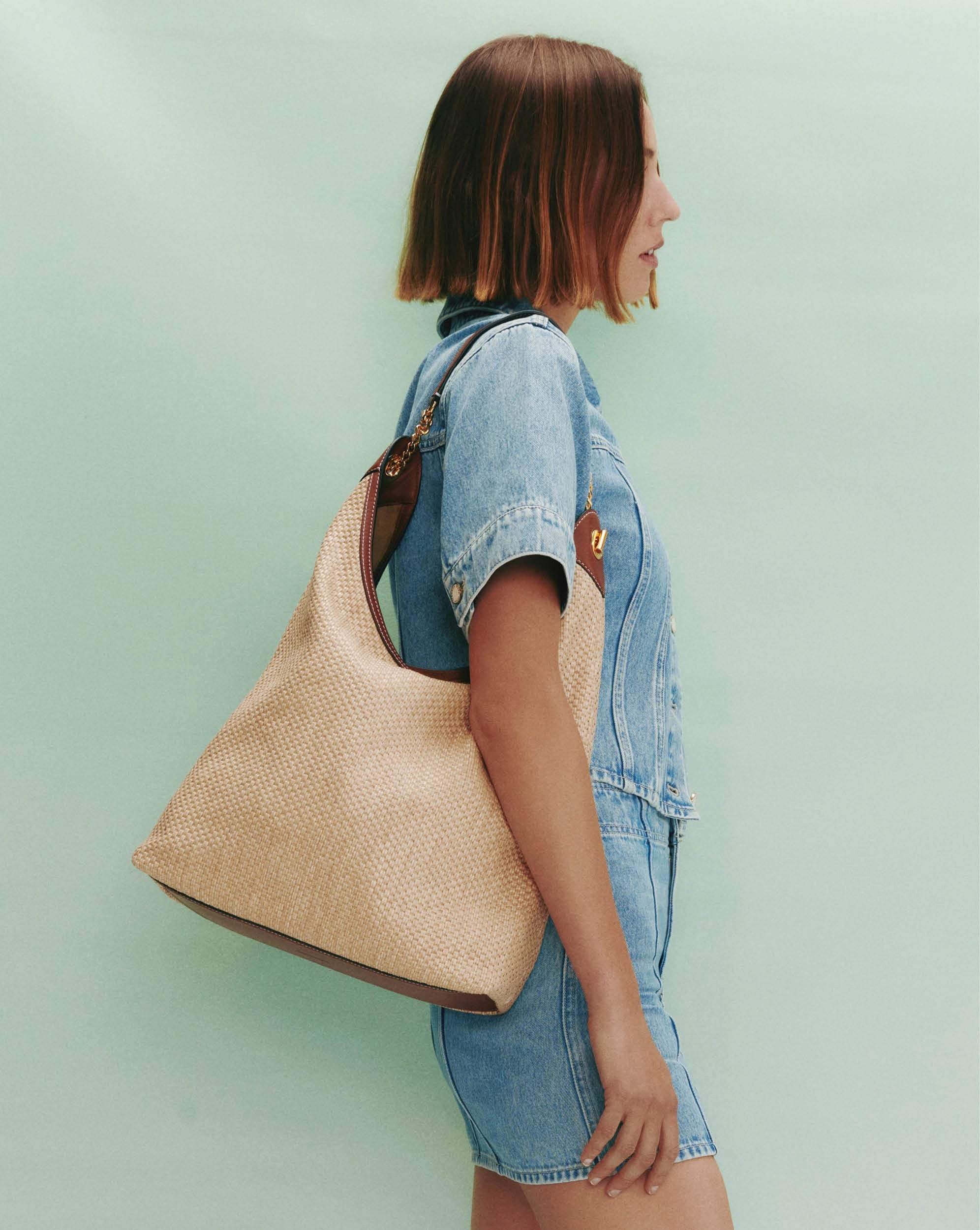 Jour Raffia Bag in Brown Leather Hazelwood/Natural | Veronica Beard