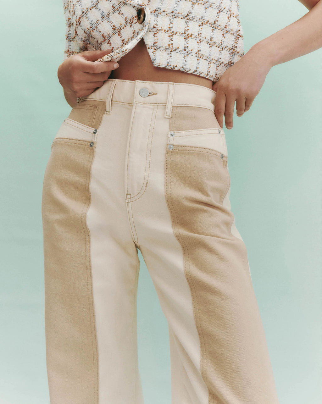 Taylor Color-Block Wide-Leg Jean in Ecru/Stone Khaki | Veronica Beard