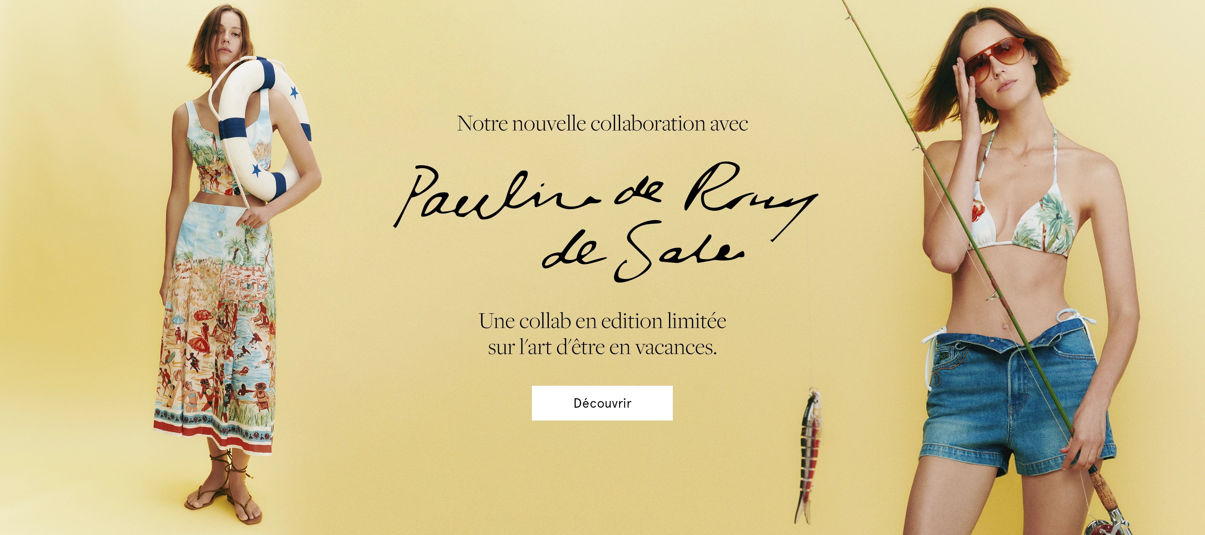 Two models in summer attire are featured against a yellow background with text announcing a collaboration.