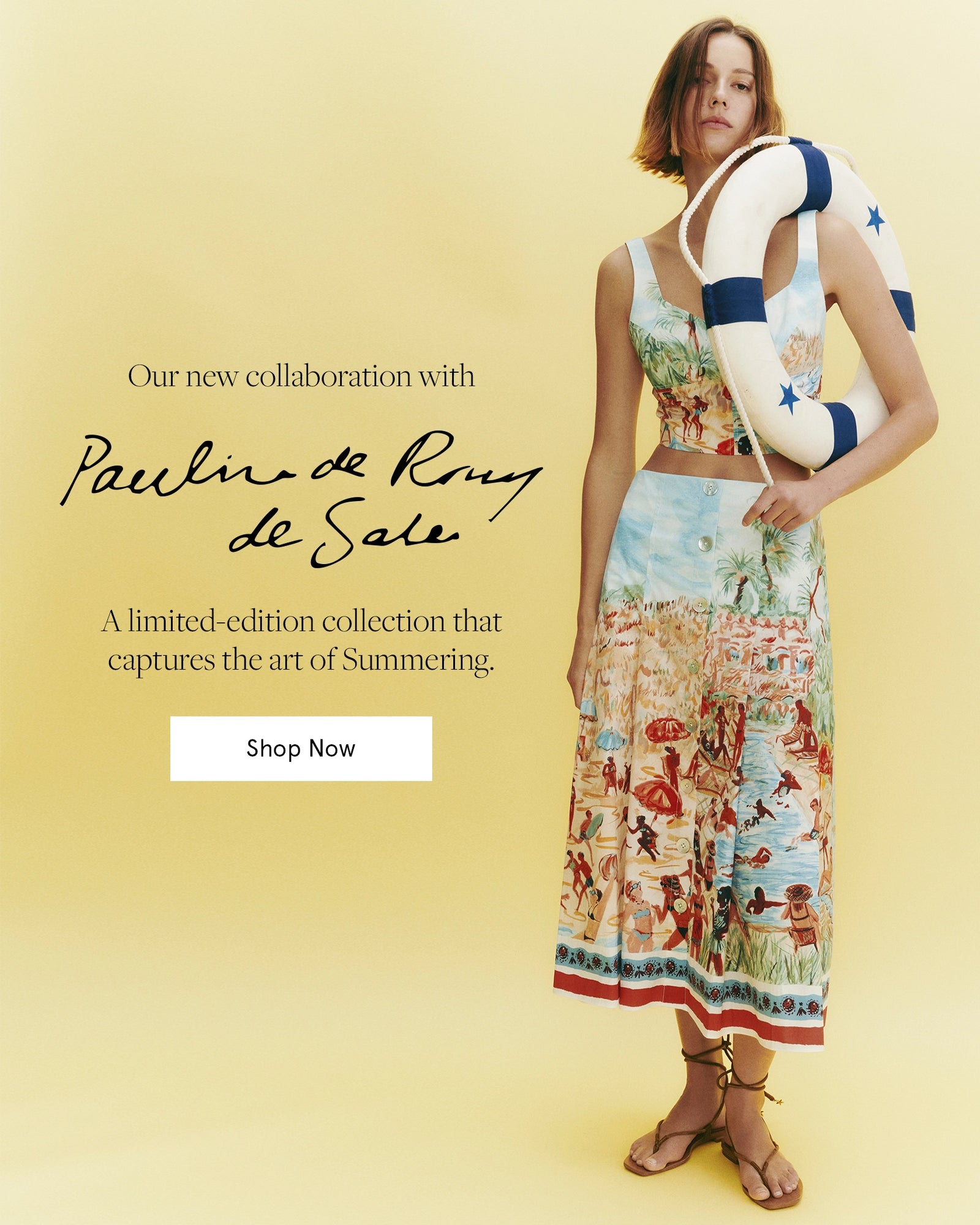 A woman in a patterned summer outfit holds a life preserver against a bright yellow background with text about a new collaboration.