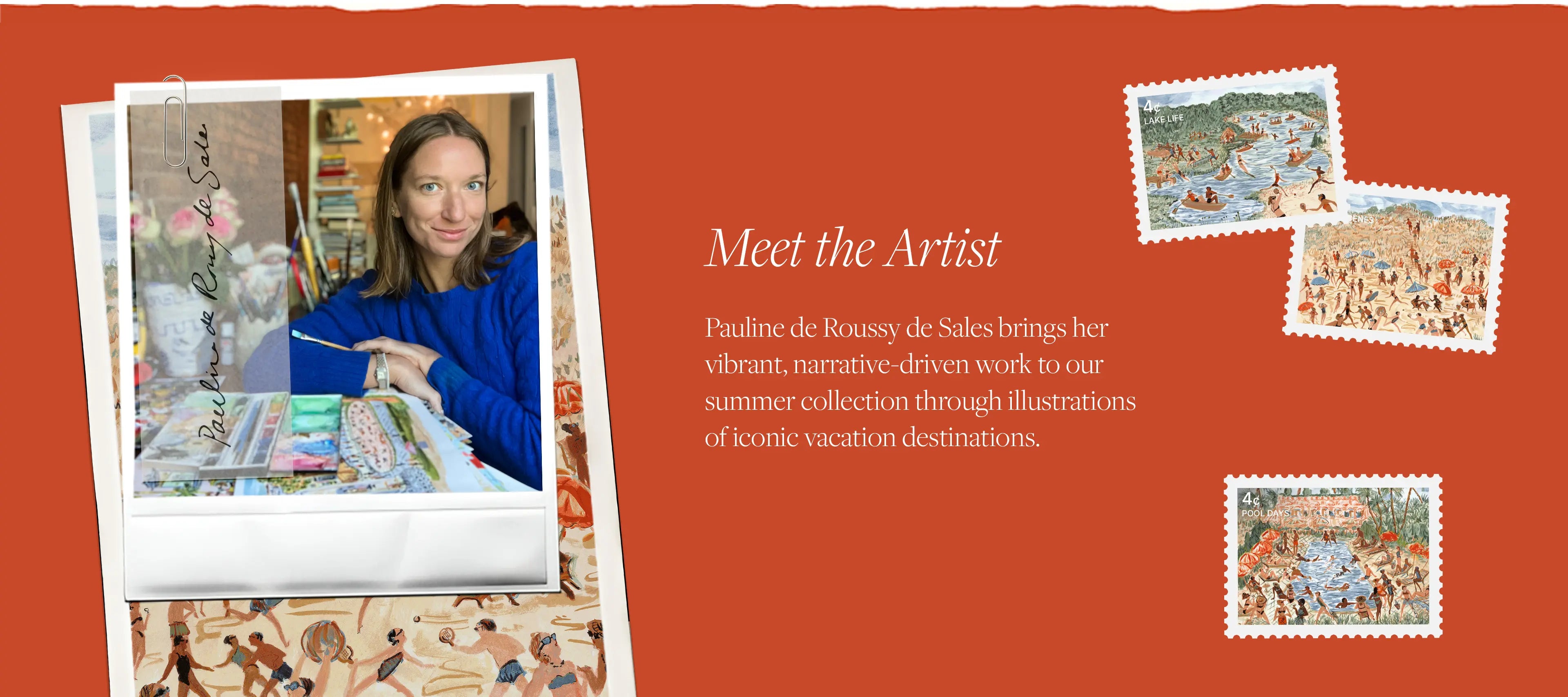 A woman in a blue sweater is pictured in a polaroid-style frame in the foreground, with text and postage stamps featuring illustrations in the background.