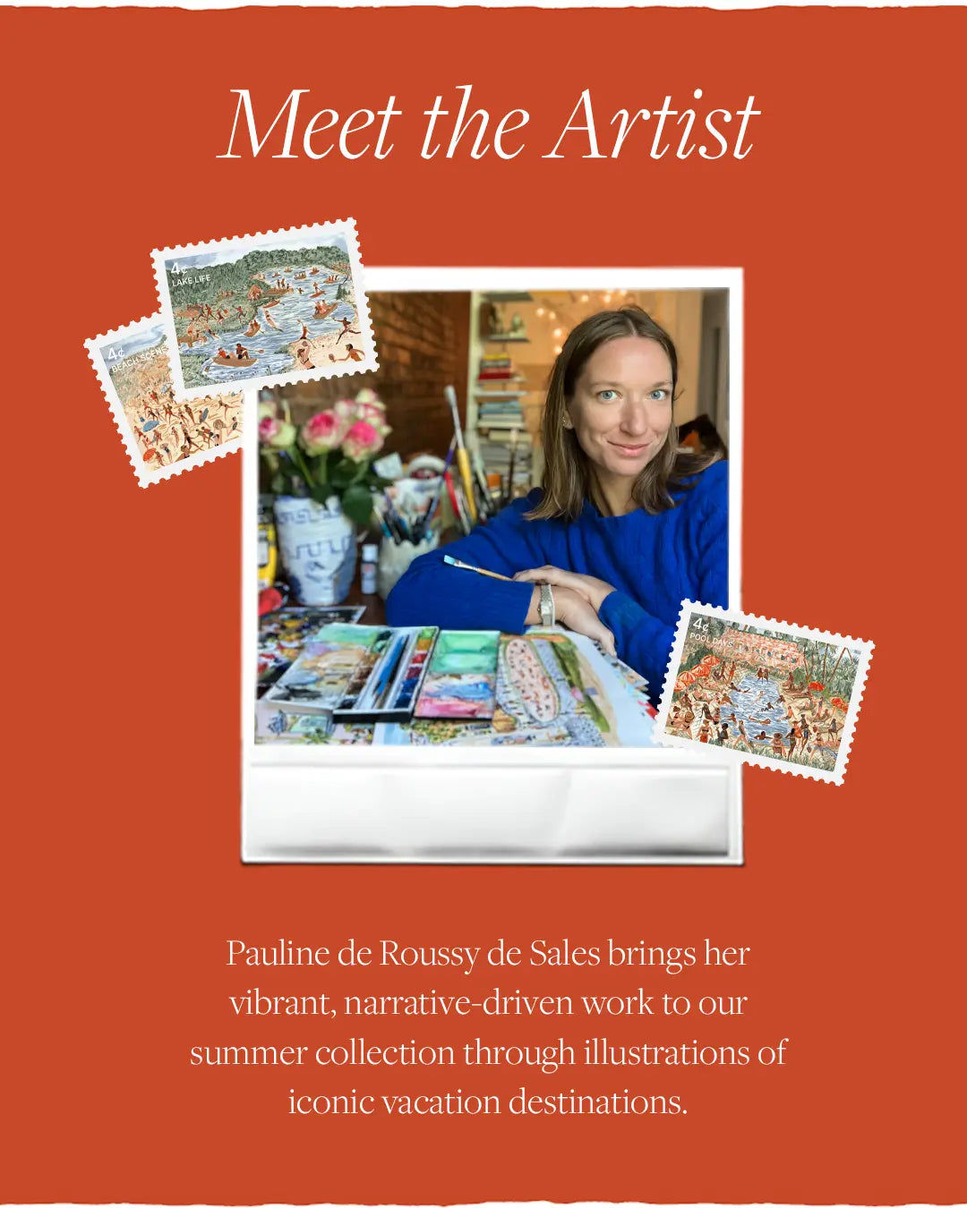A woman artist sits at her desk with art supplies in the foreground, while postage stamps featuring her artwork are displayed around her portrait against a warm orange background.