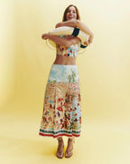 Veronica Beard White and blue tropical print cotton crop top.