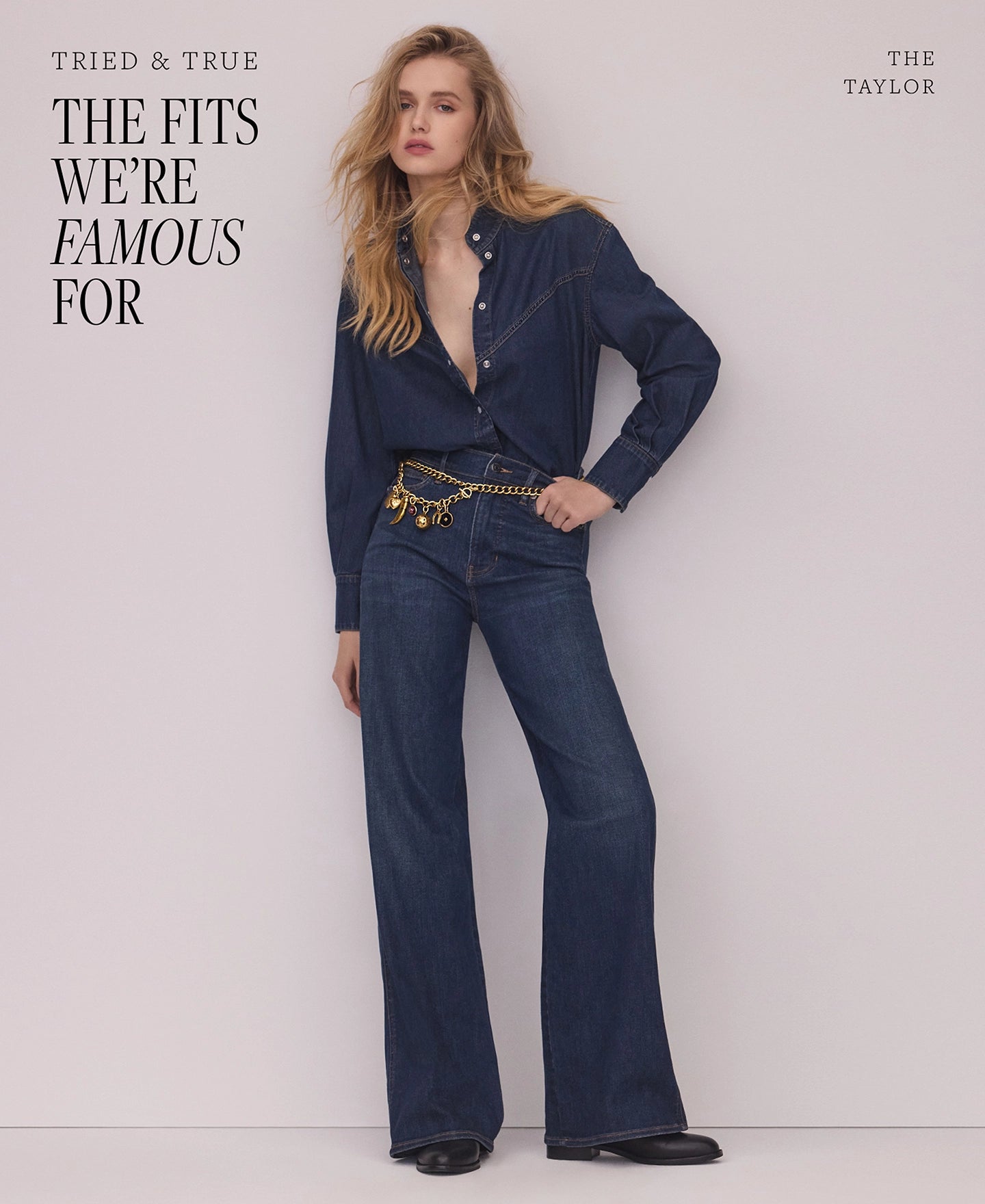 A blonde woman in a denim outfit stands against a plain background, with text on the left and a logo on the right.