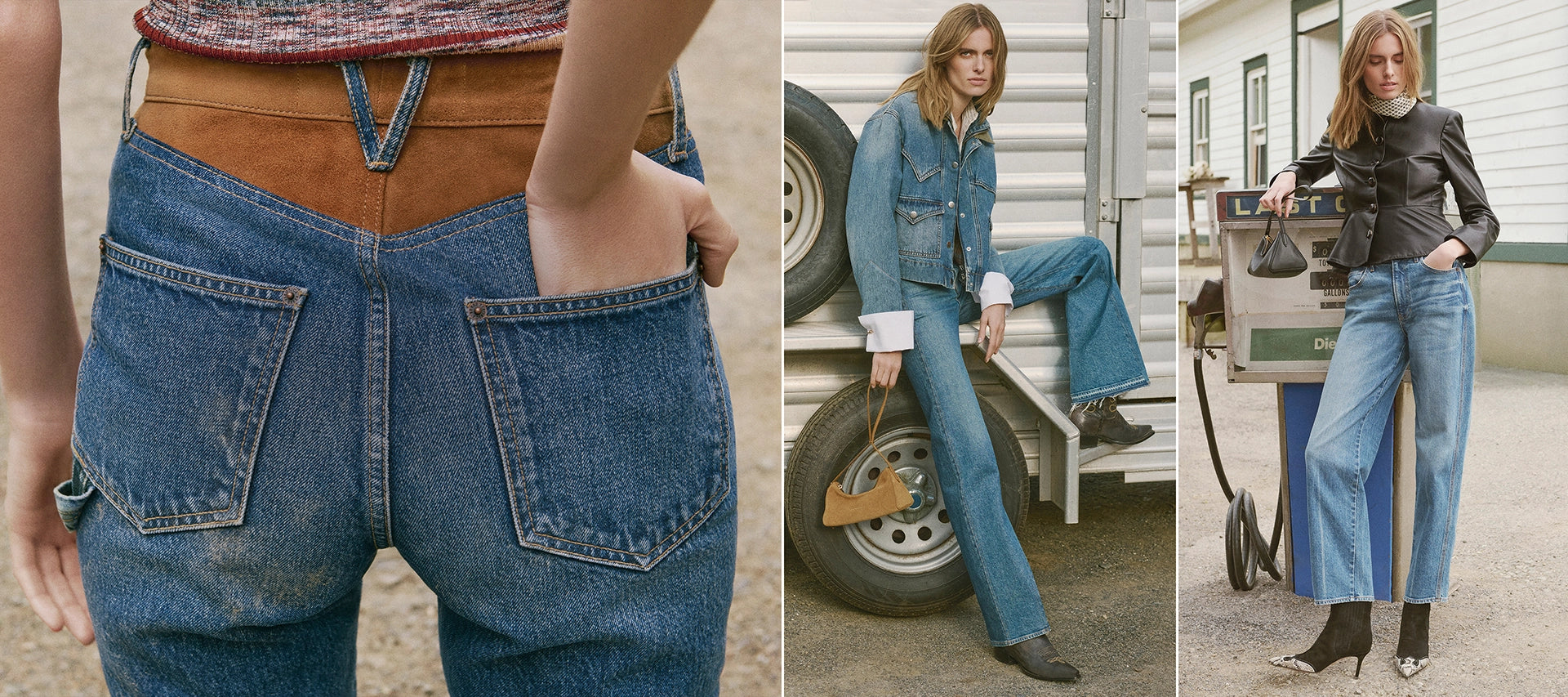 A close-up of denim jeans with a suede V-shaped yoke is shown in the foreground, while two women in denim outfits are pictured in the background.