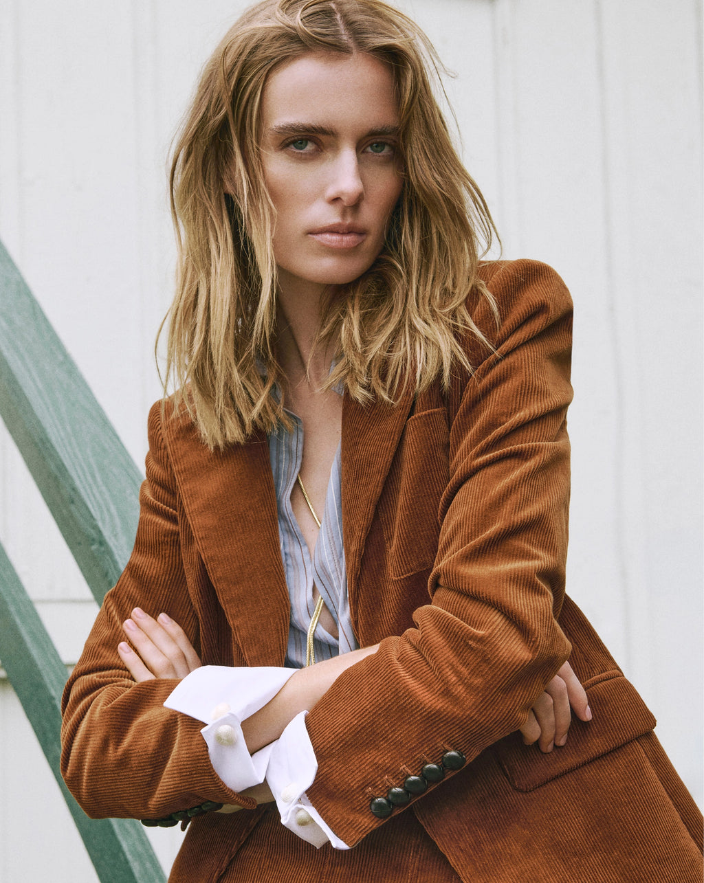 Veronica Beard Brown corduroy blazer with single button closure.