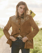 Veronica Beard Brown suede jacket with crystal embellishments and leather collar.