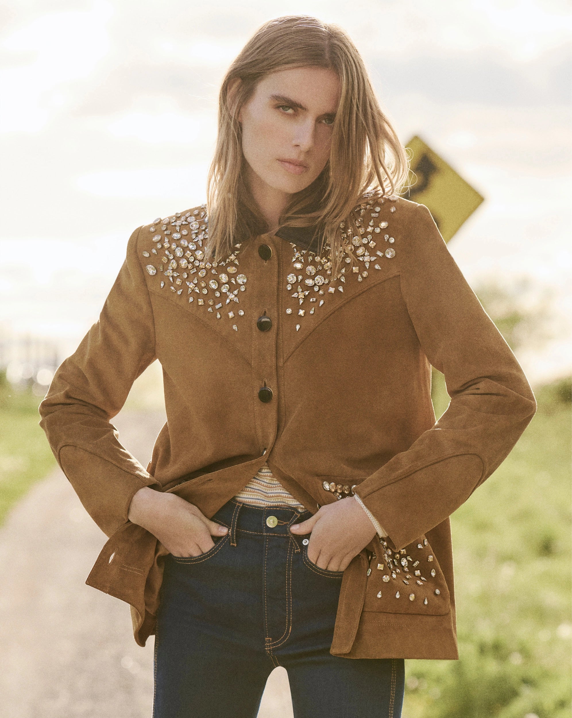 Veronica Beard Brown suede jacket with crystal embellishments and leather collar.