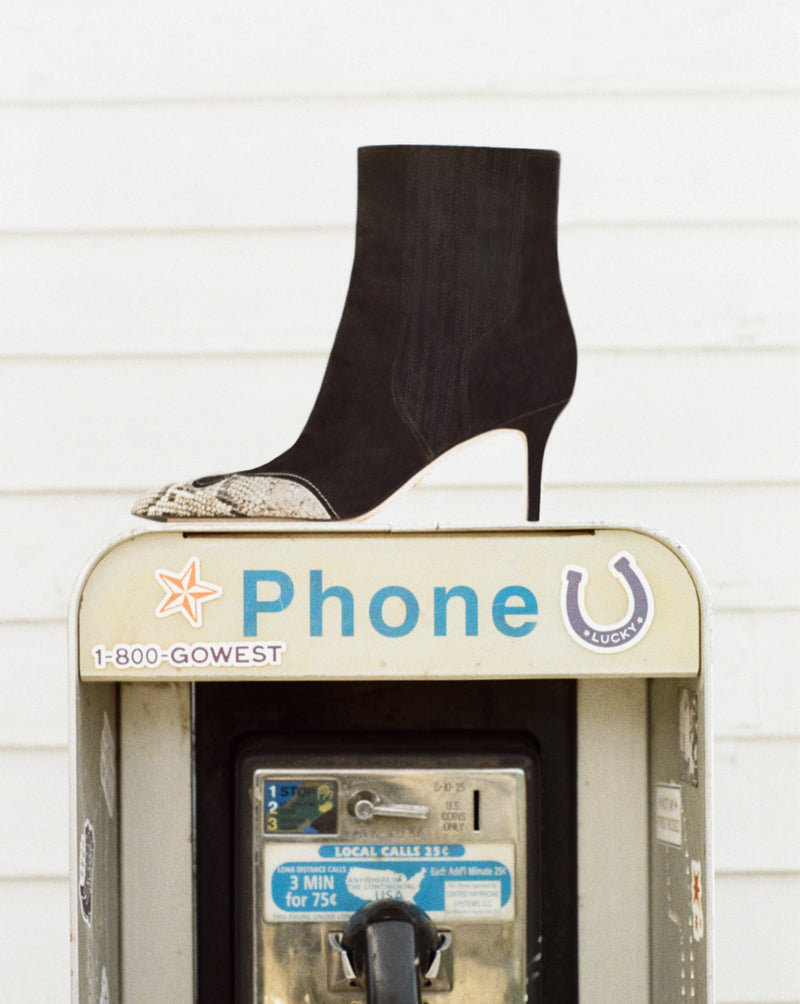 Veronica Beard Black suede ankle boot with snakeskin toe.