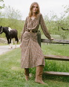 Veronica Beard Brown floral midi skirt with ruched waist and ruffle