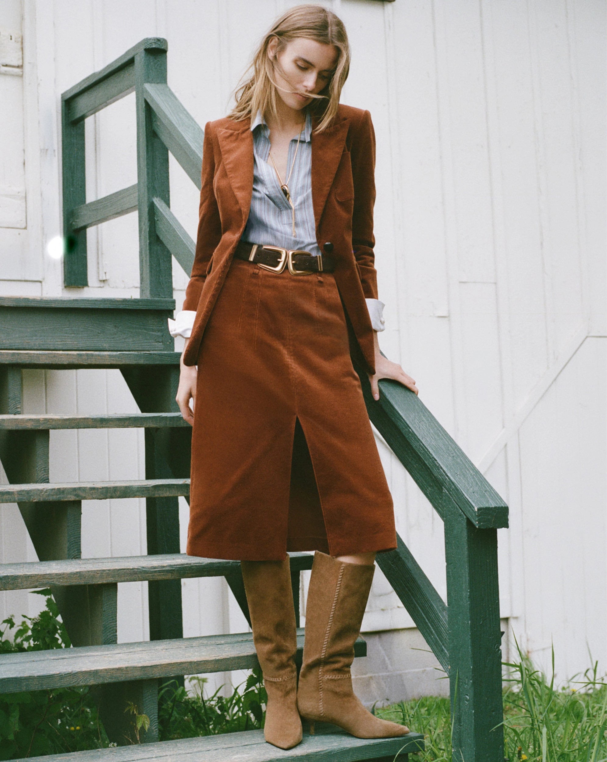 Veronica Beard Brown corduroy midi skirt with belt and front slit.