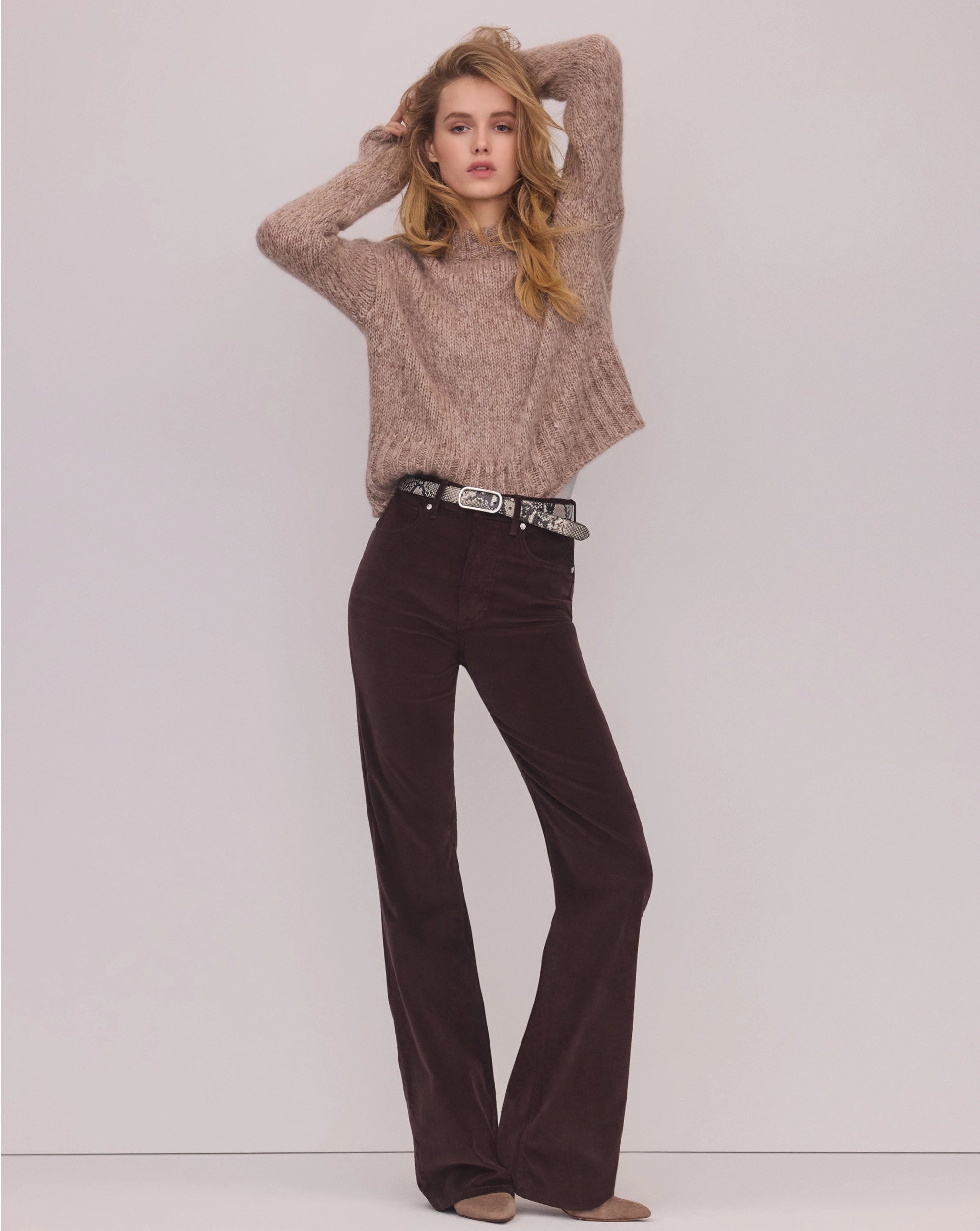 Veronica Beard Beige knit sweater, brown flared jeans