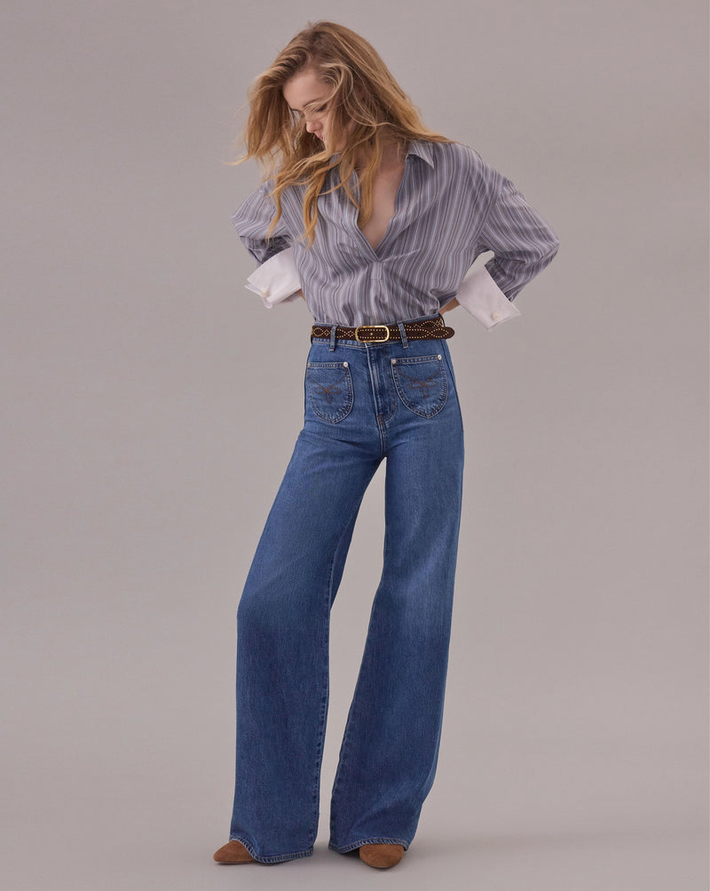 Veronica Beard Blue striped blouse with white cuffs