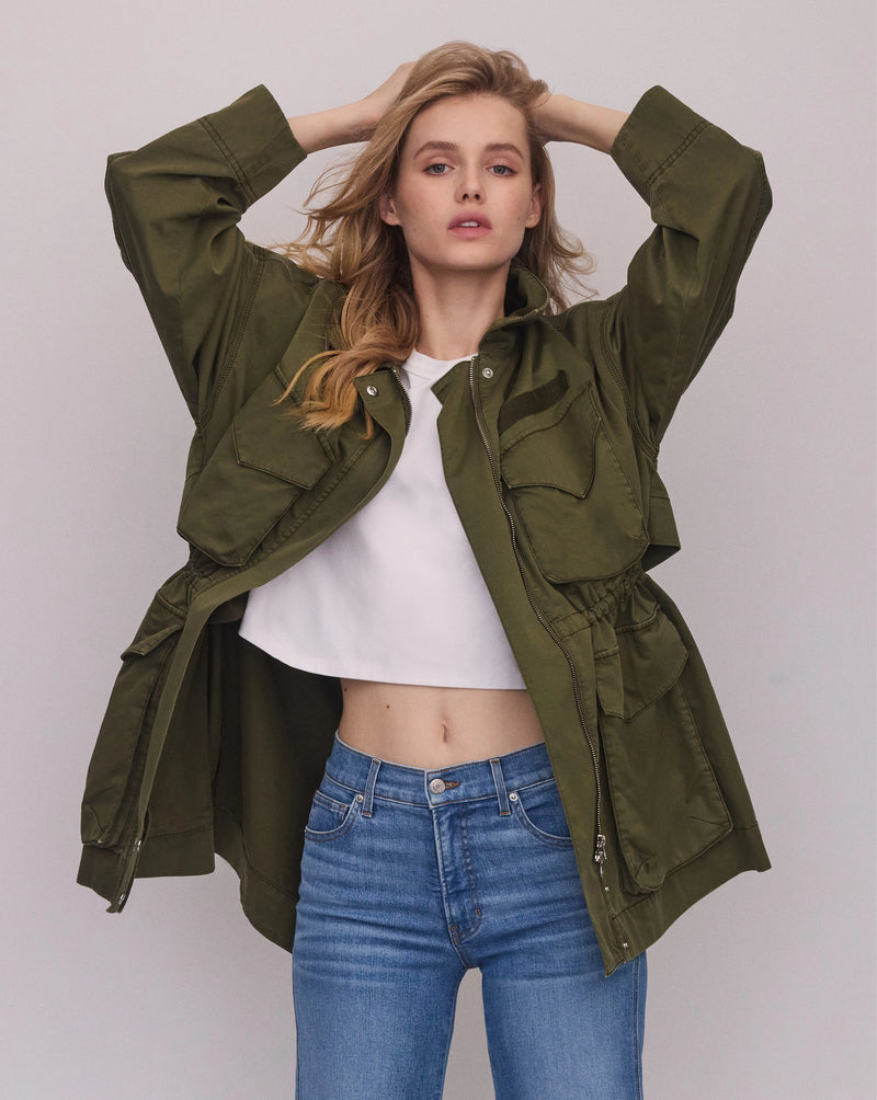 Veronica Beard Olive green cotton utility jacket with dropped shoulders.